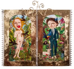 "Adam and Eve", figurative painting in jungle greens, blues, and reds