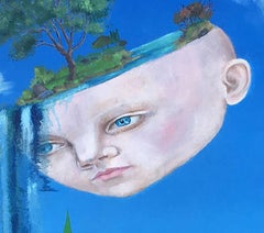 "Embryo" fills blue sky with child, landscape and waterfall
