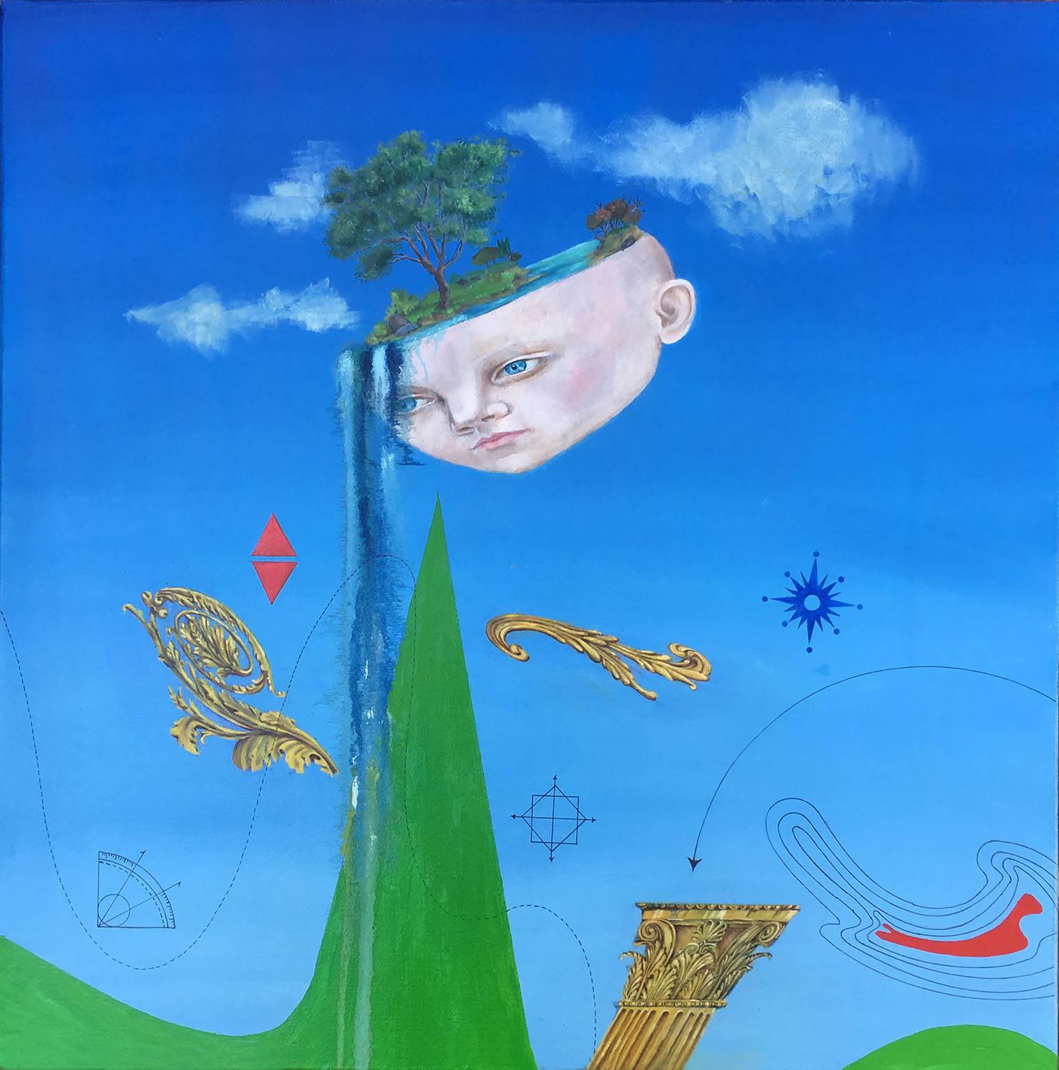 Lannie Hart Portrait Painting - "Embryo" fills blue sky with child, landscape and waterfall