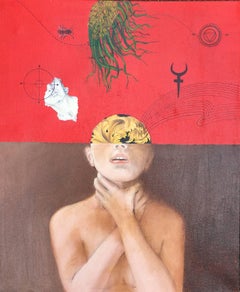 "Too Much" a surreal figure on bright red background