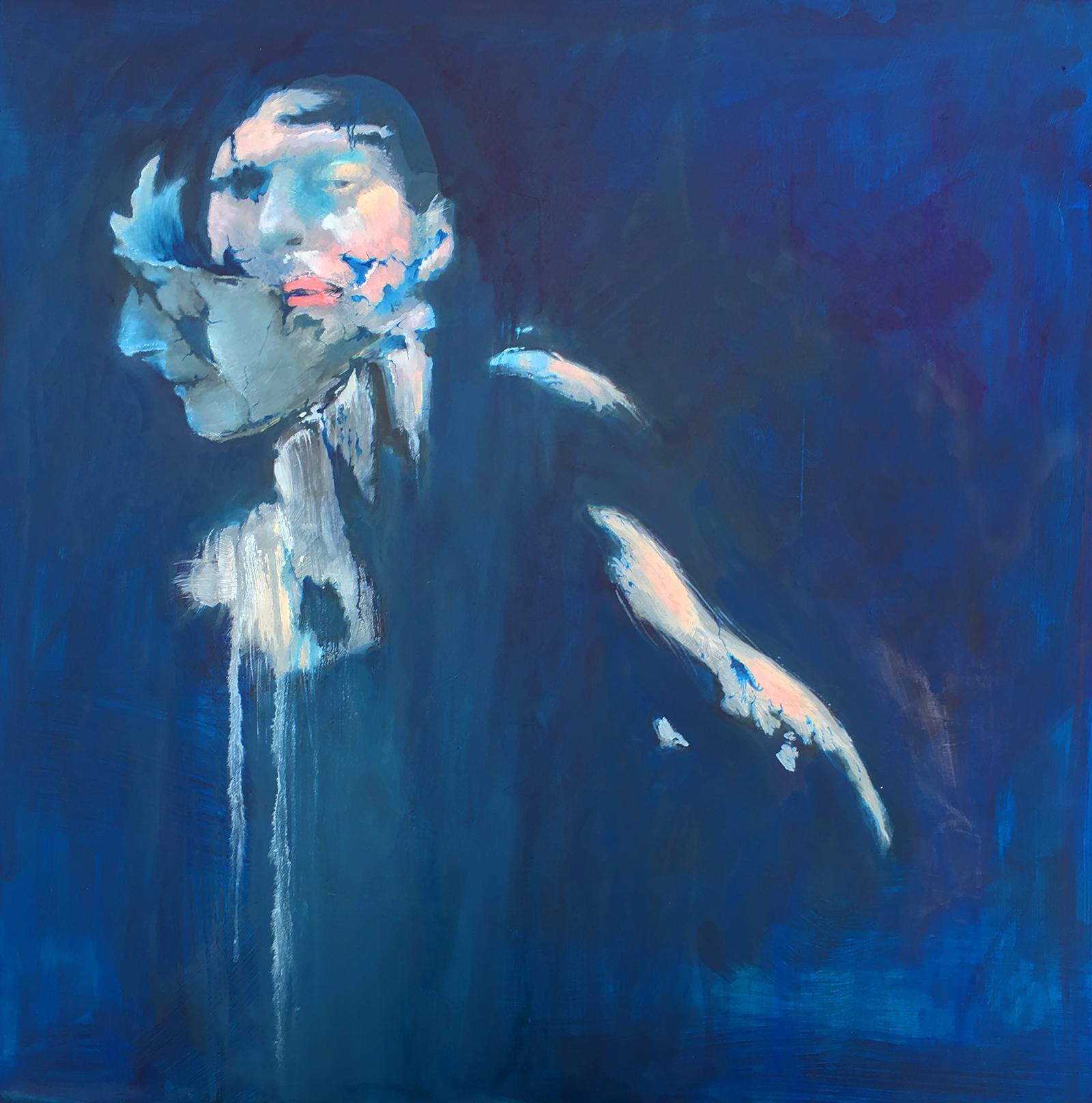 Lannie Hart Portrait Painting - "Woman in Pieces", shows female forms drifting in deep blue