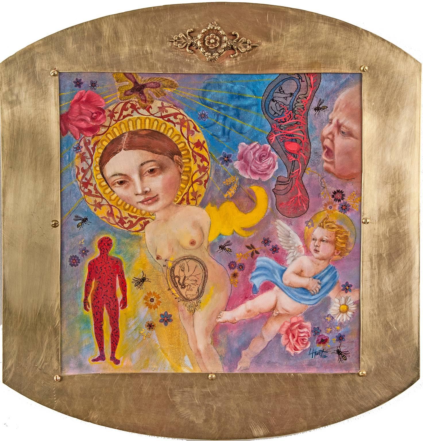 Lannie Hart Figurative Painting - "Womb", with floating female nude and a golden brass surround