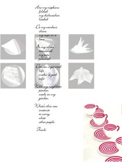 "Folded Napkins", an illustrated poem, with red cups and saucers