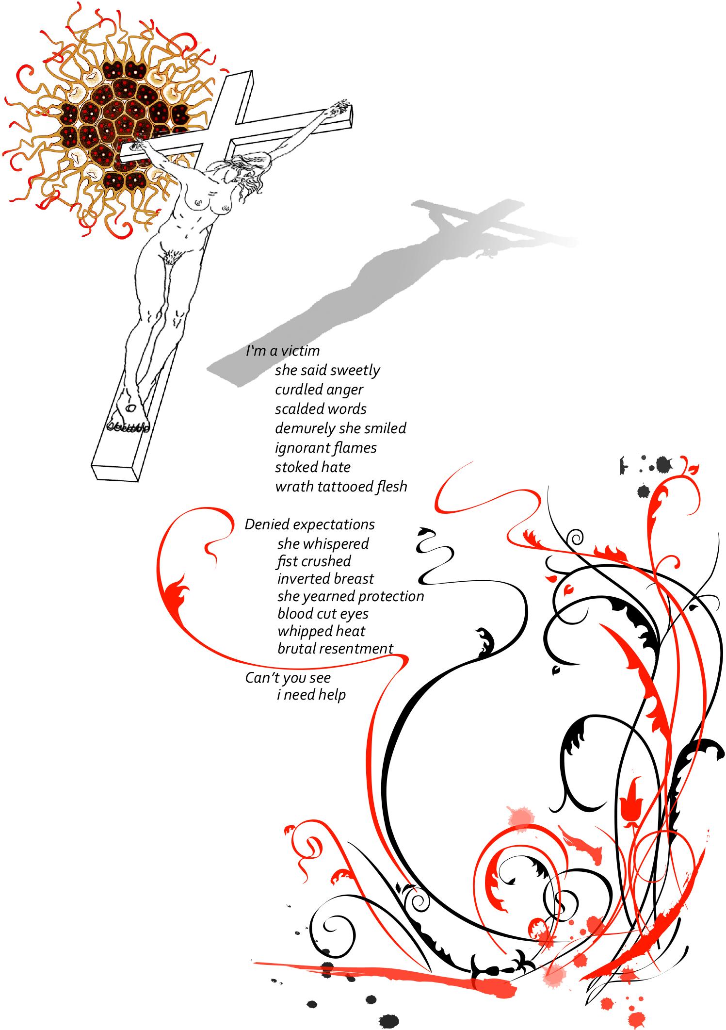 Lannie Hart Figurative Print - "Victim",  poem on paper with swirling red and black vines
