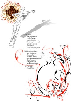 "Victim",  poem on paper with swirling red and black vines