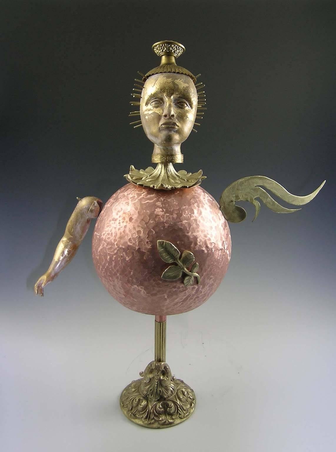 "Joker, " metal and clay doll-like figure with gold head, copper body - Mixed Media Art by Lannie Hart