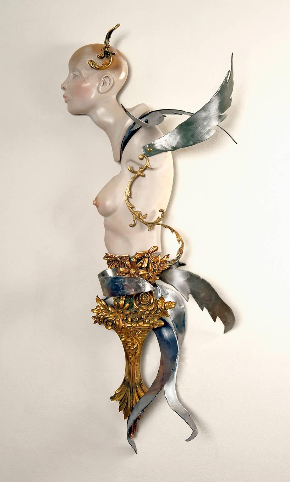 Lannie Hart Figurative Sculpture - "Siren",  golden goddess with silver wings