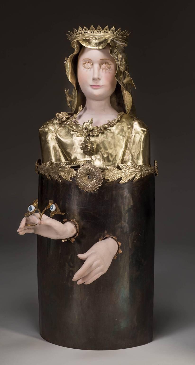 Lannie Hart Figurative Sculpture - "St Lucia", with golden ornamented costume and crown 