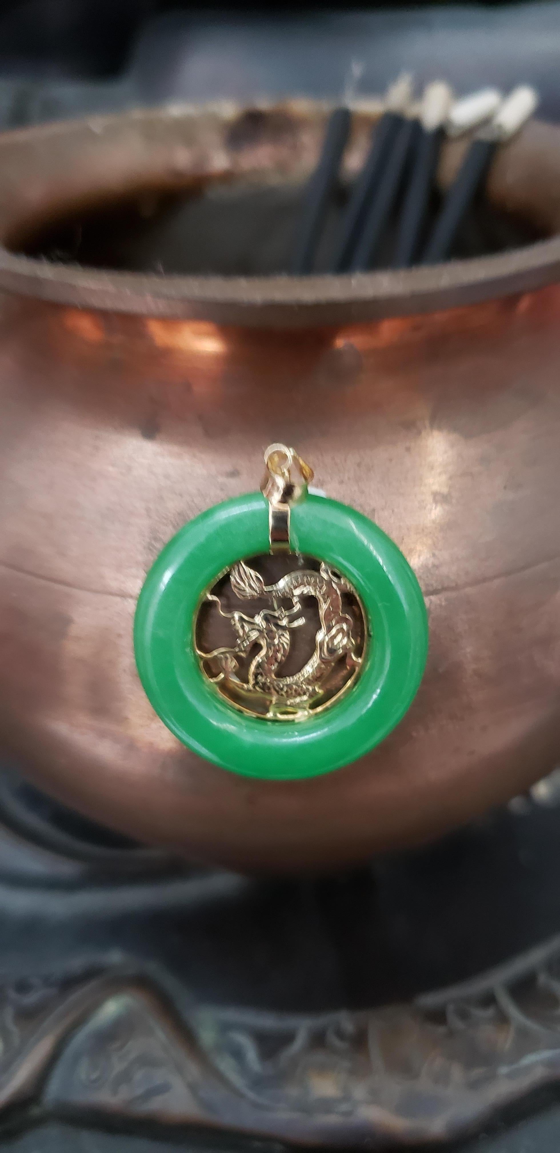 Lantau Green Jade Donut Dragon Pendant with 14K Solid Yellow Gold For Sale 5