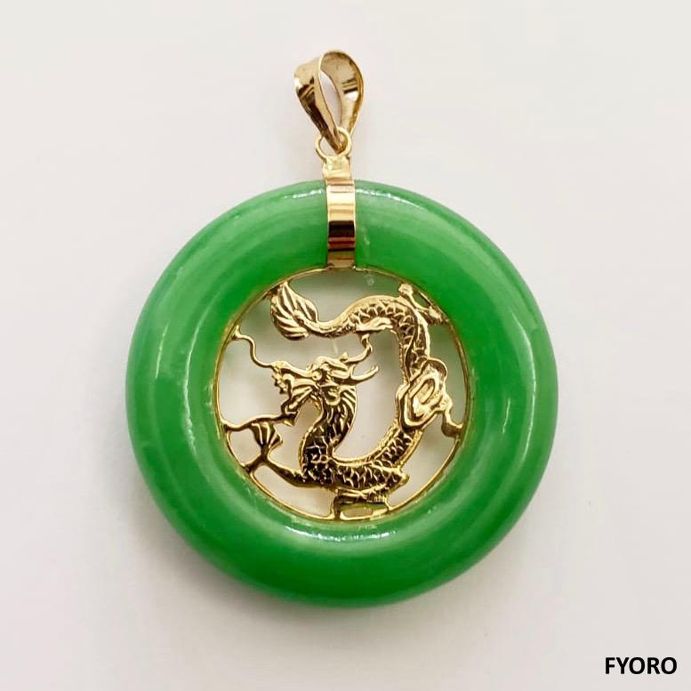 Lantau Green Jade Donut Dragon Pendant with 14K Solid Yellow Gold For Sale 10