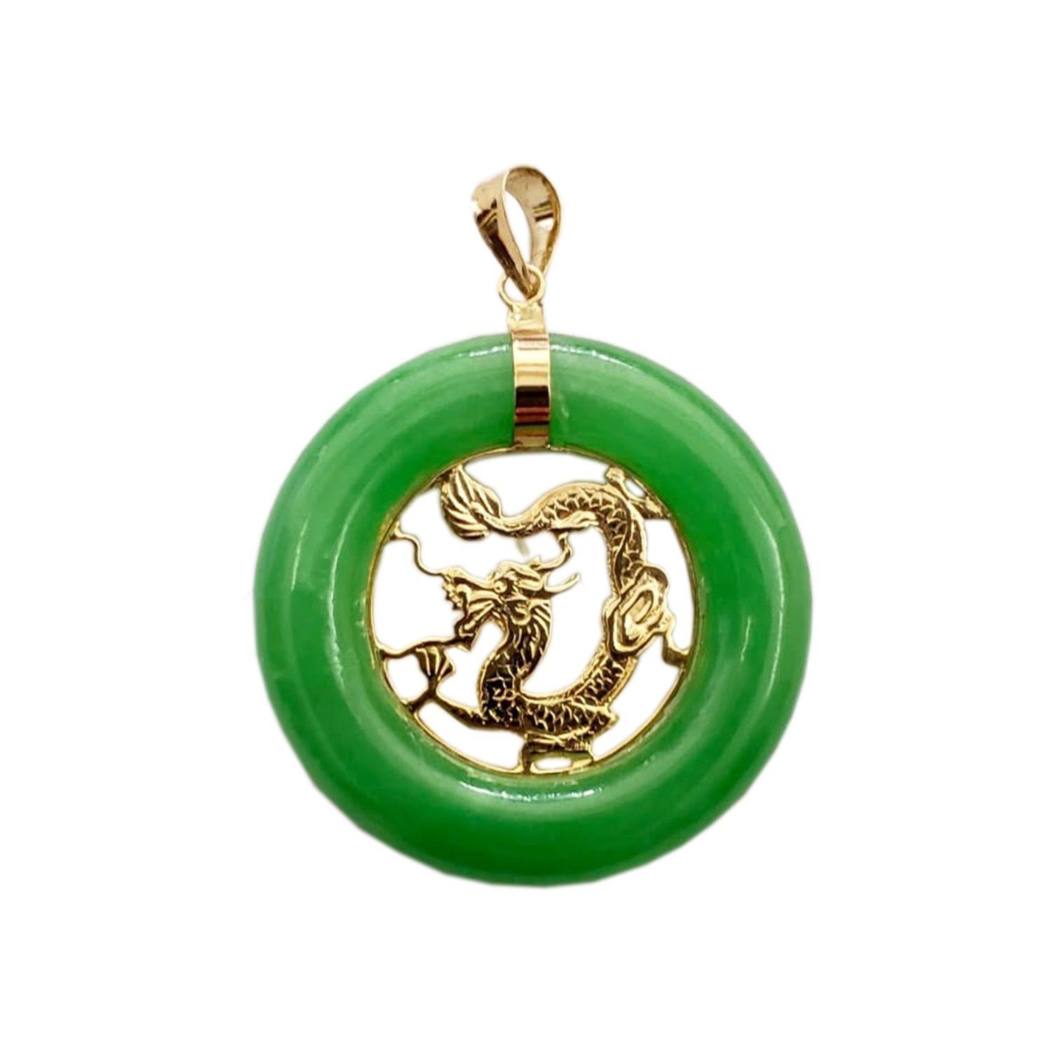 Lantau Green Jade Donut Dragon Pendant with 14K Solid Yellow Gold For Sale 11