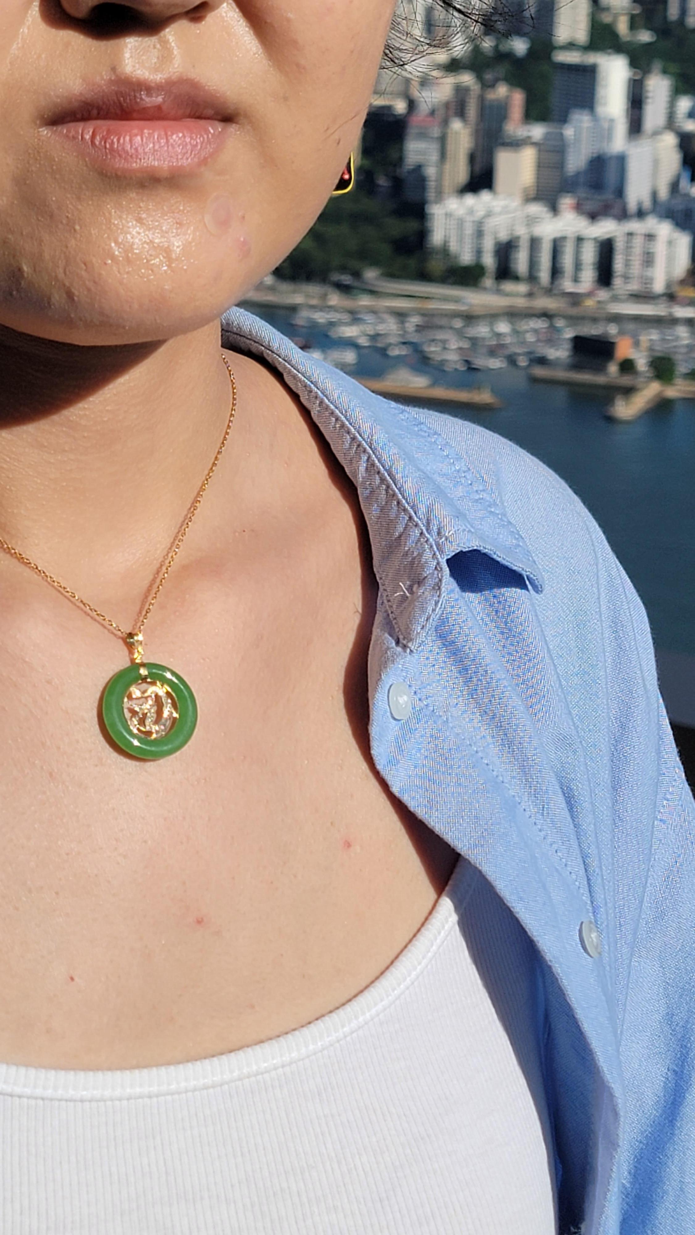 Cabochon Lantau Green Jade Donut Dragon Pendant with 14K Solid Yellow Gold For Sale