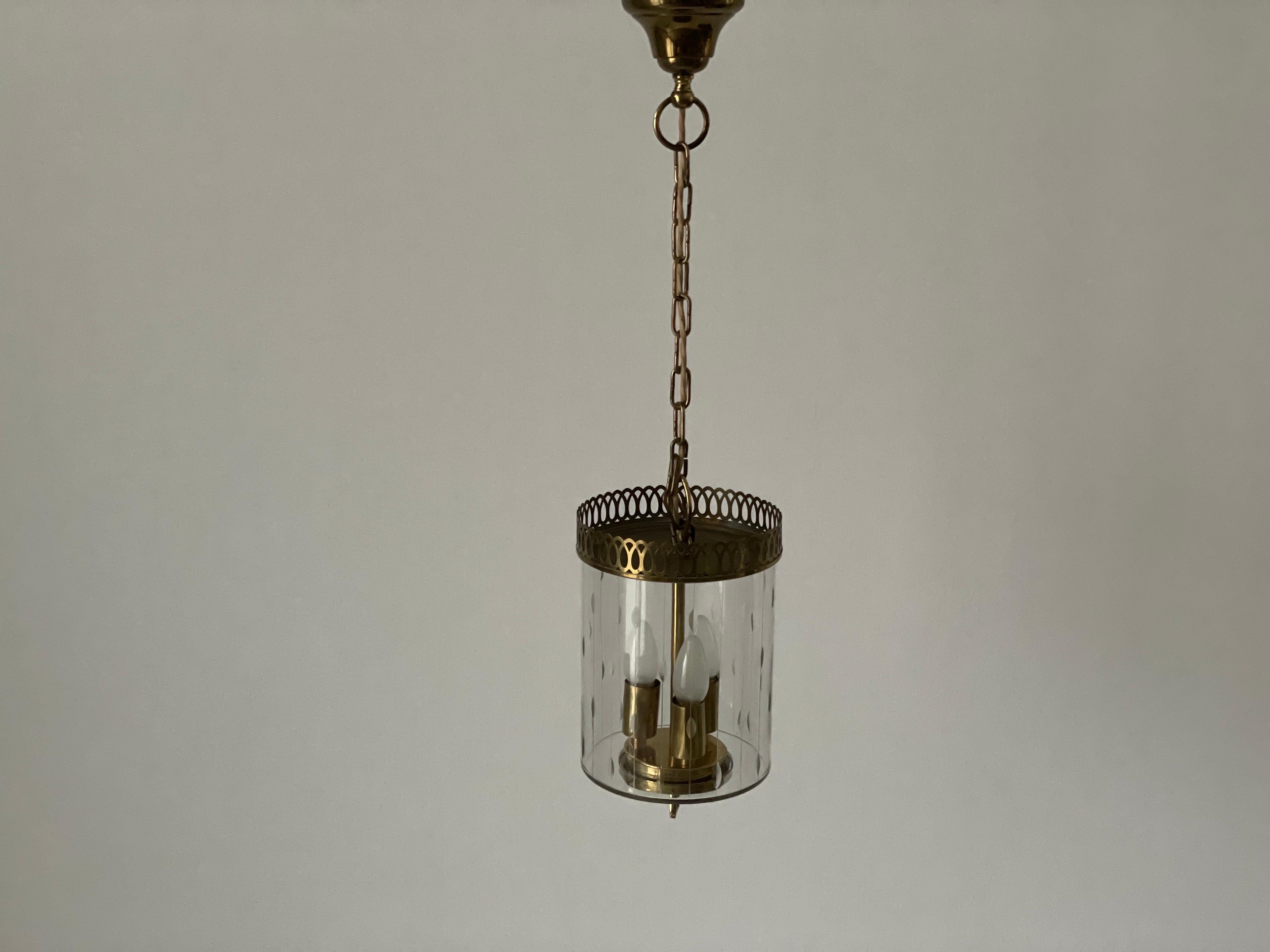 Lampada da soffitto a lanterna in vetro e ottone in stile Art Déco, anni '50, Italia in vendita 3