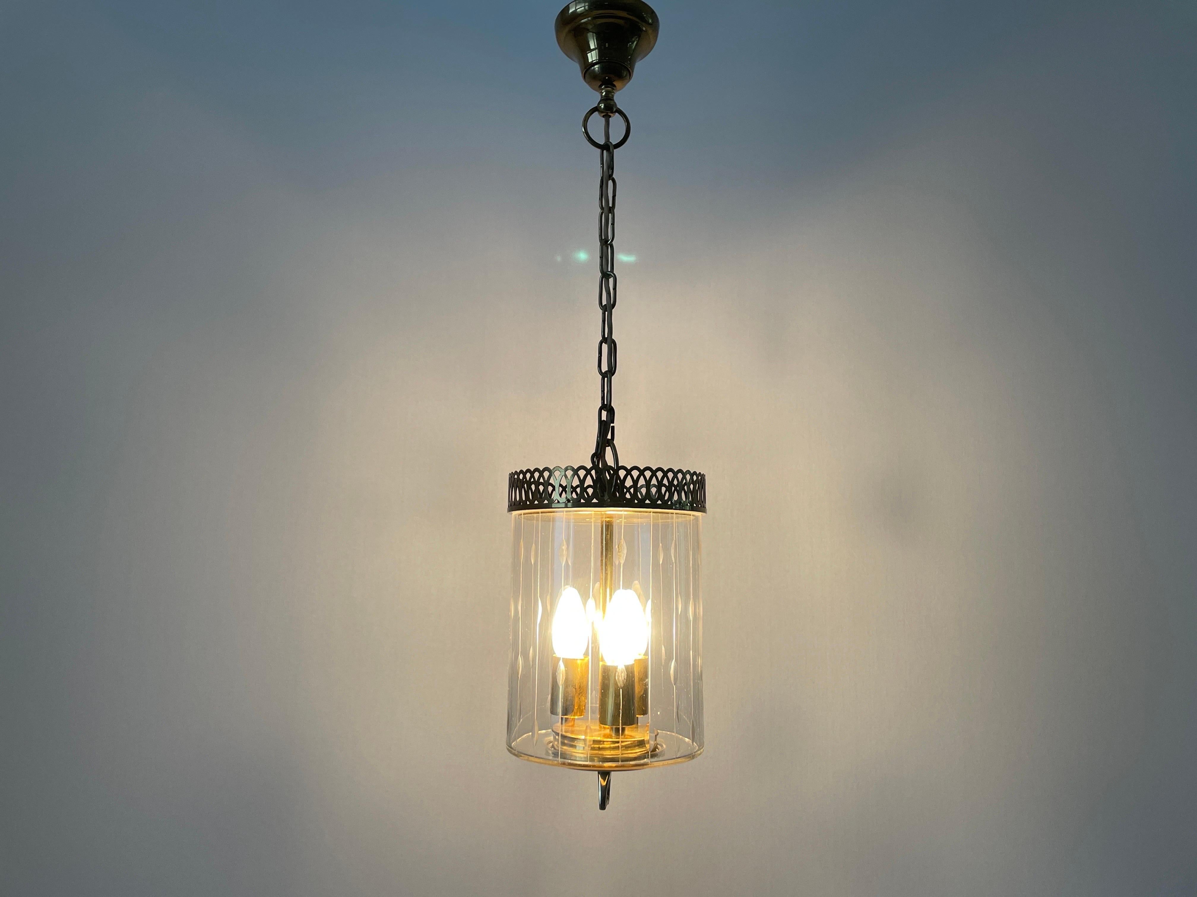 Lampada da soffitto a lanterna in vetro e ottone in stile Art Déco, anni '50, Italia in vendita 4