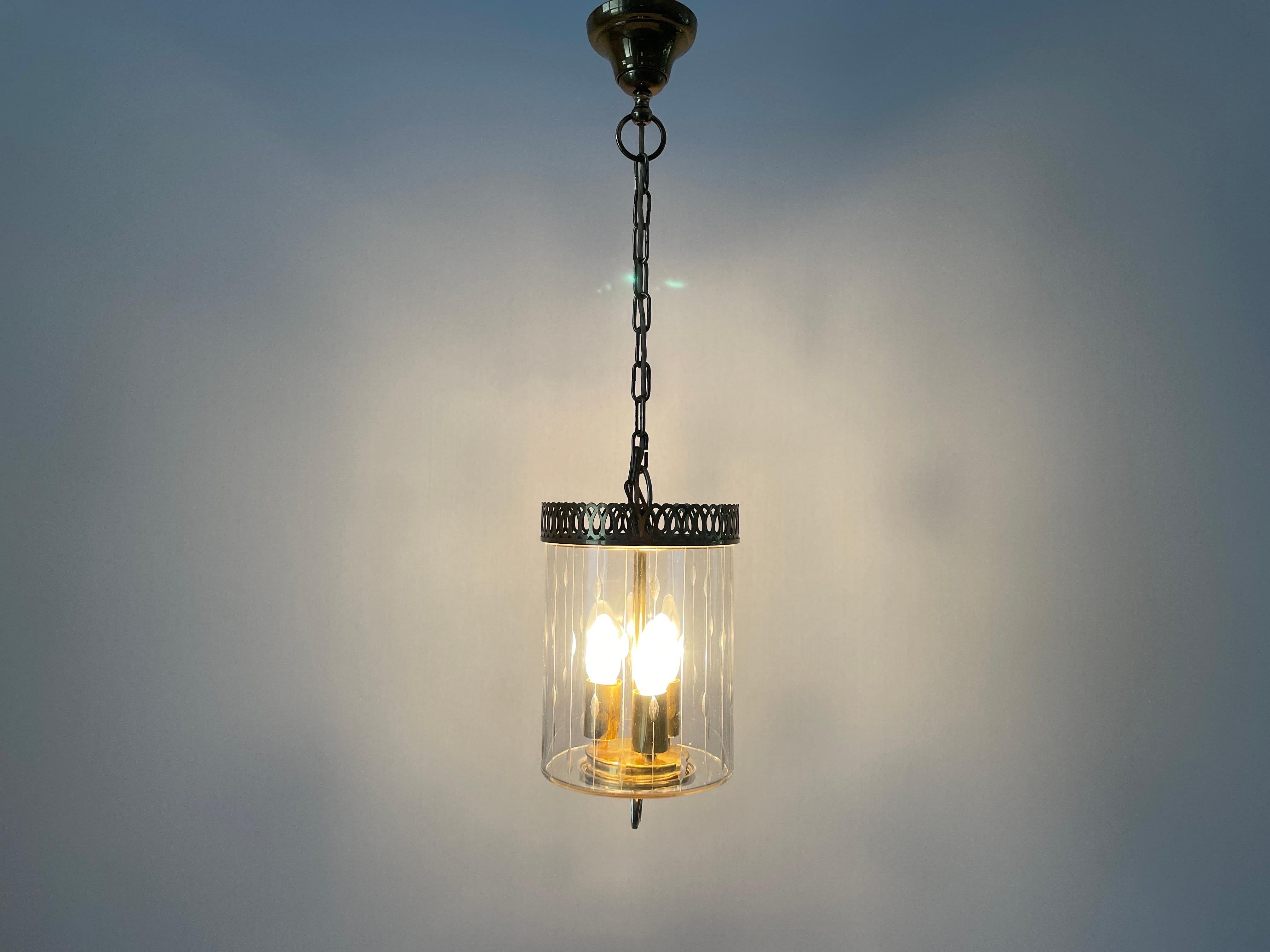 Lampada da soffitto a lanterna in vetro e ottone in stile Art Déco, anni '50, Italia in vendita 5