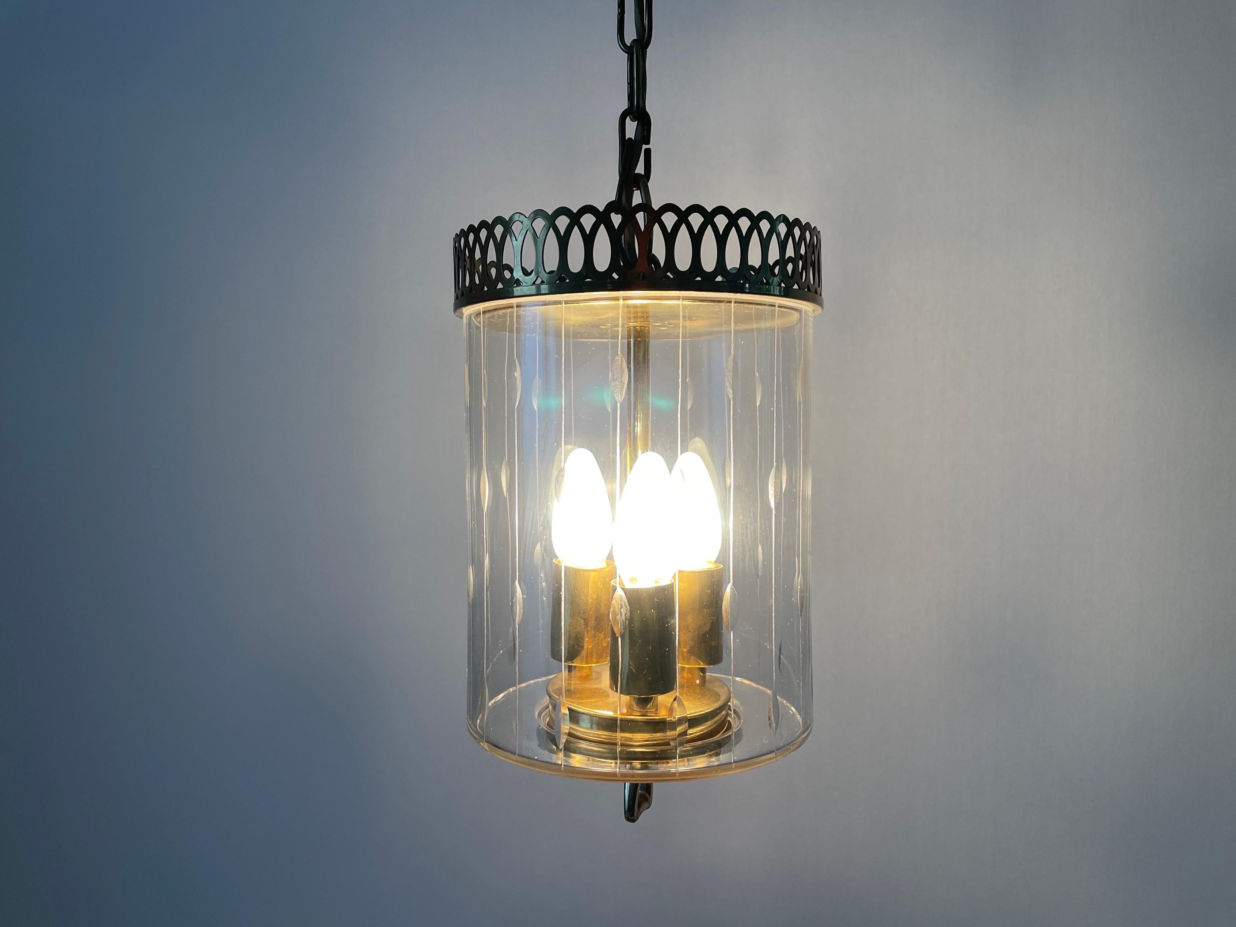 Lampada da soffitto a lanterna in vetro e ottone in stile Art Déco, anni '50, Italia in vendita 6