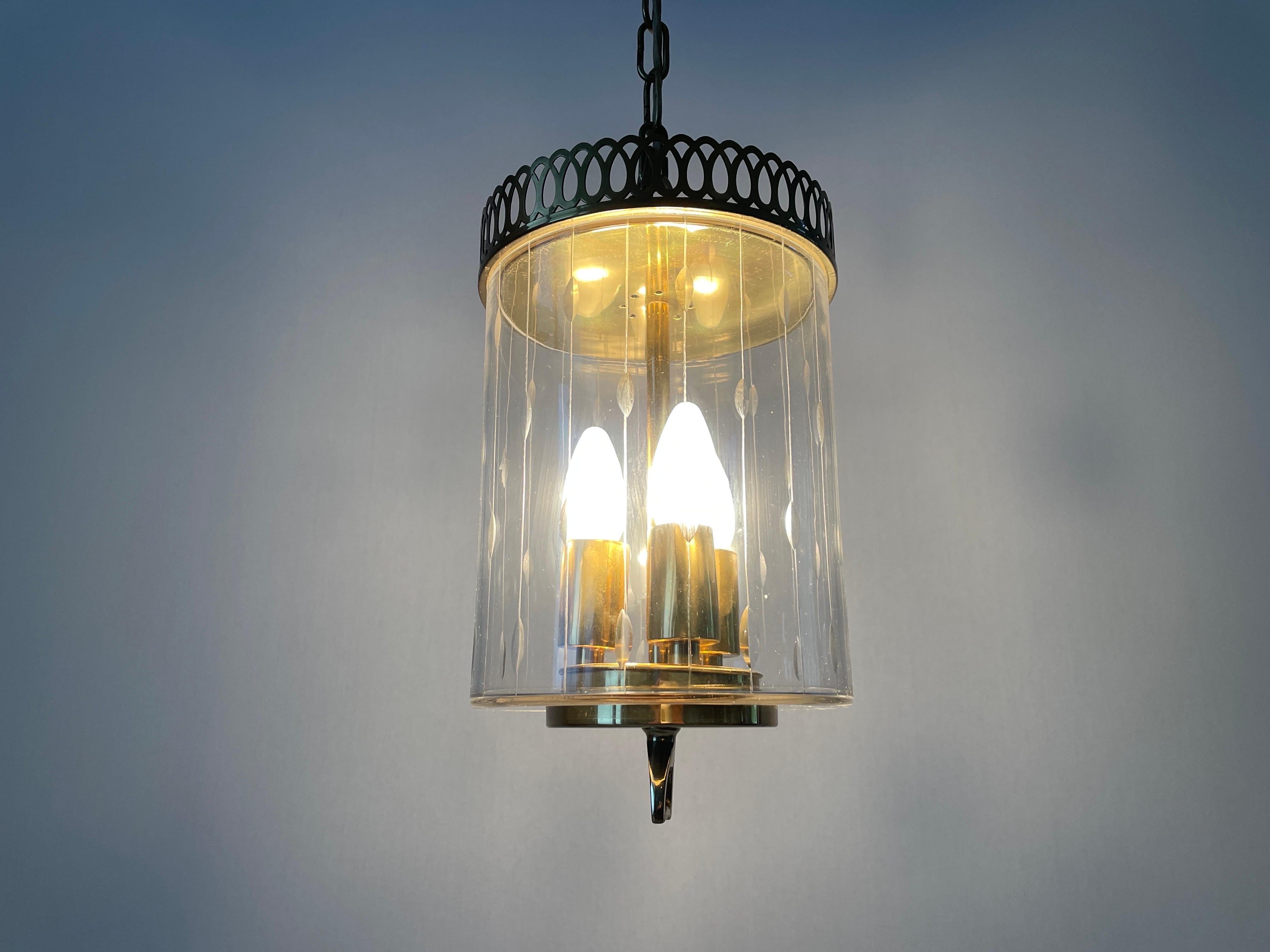 Lampada da soffitto a lanterna in vetro e ottone in stile Art Déco, anni '50, Italia in vendita 7