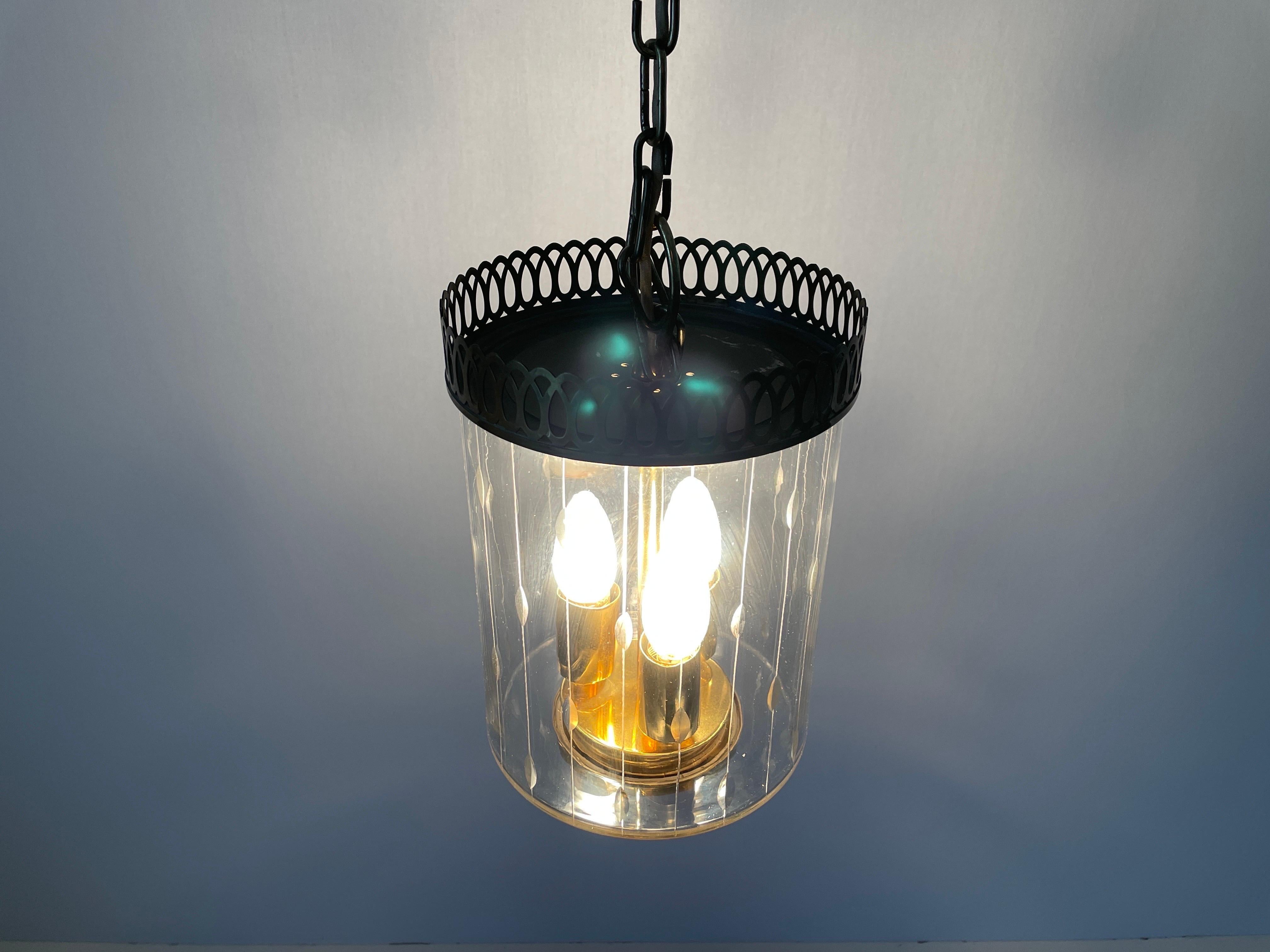 Lampada da soffitto a lanterna in vetro e ottone in stile Art Déco, anni '50, Italia in vendita 8