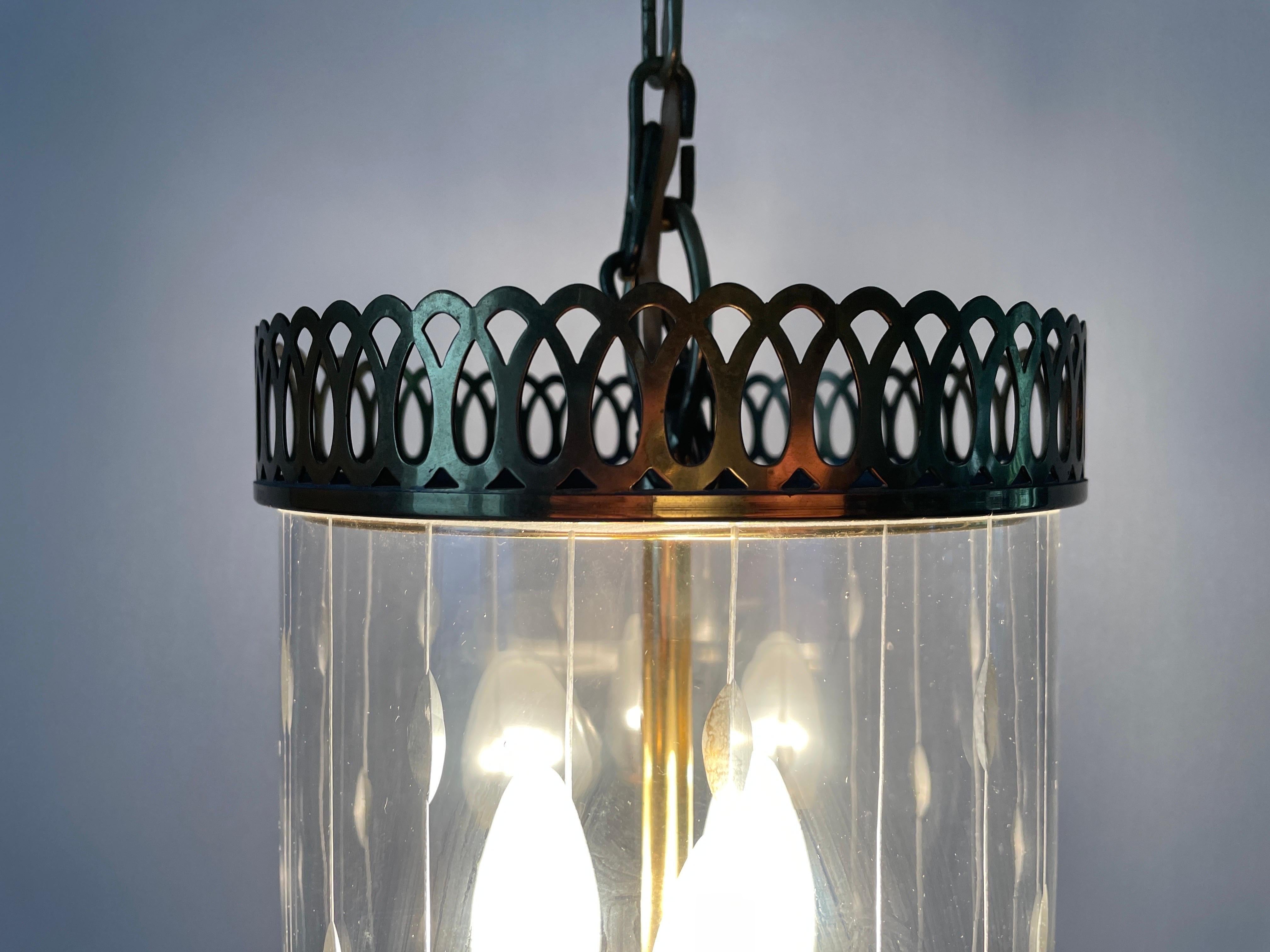 Lampada da soffitto a lanterna in vetro e ottone in stile Art Déco, anni '50, Italia in vendita 10