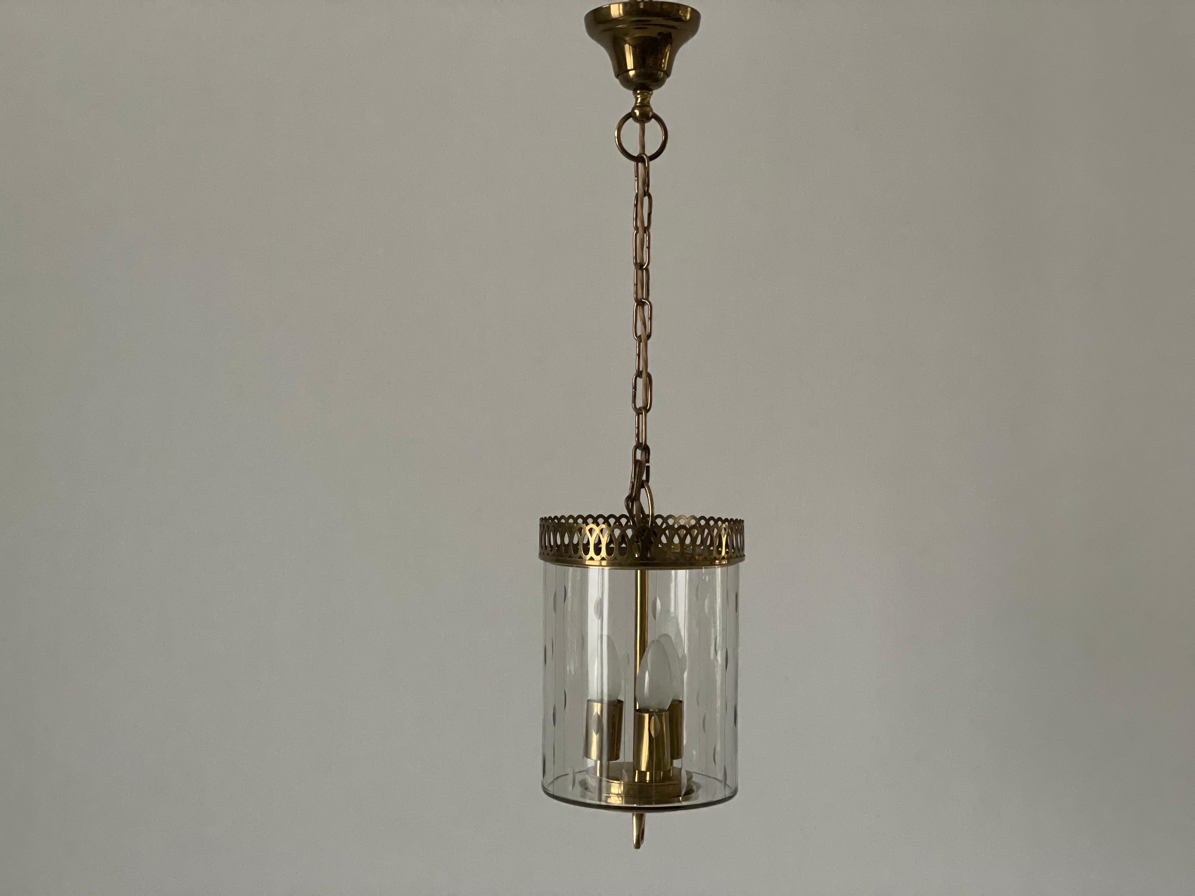 Lampada da soffitto a lanterna in vetro e ottone in stile Art Déco, anni '50, Italia in vendita 1