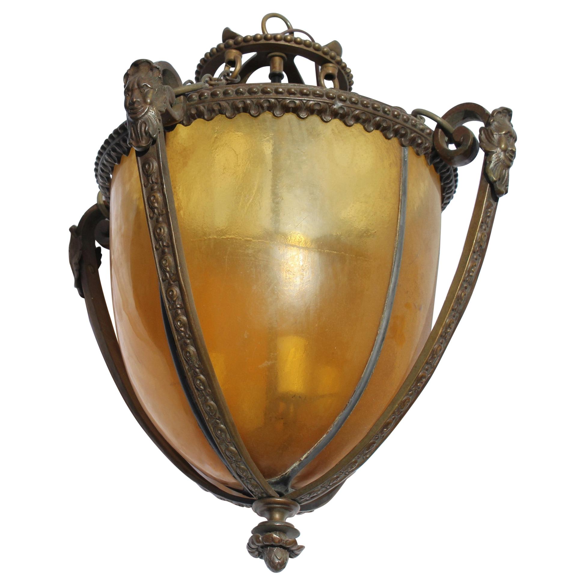Lantern, Bronze, Mans Face, Amber Glass For Sale