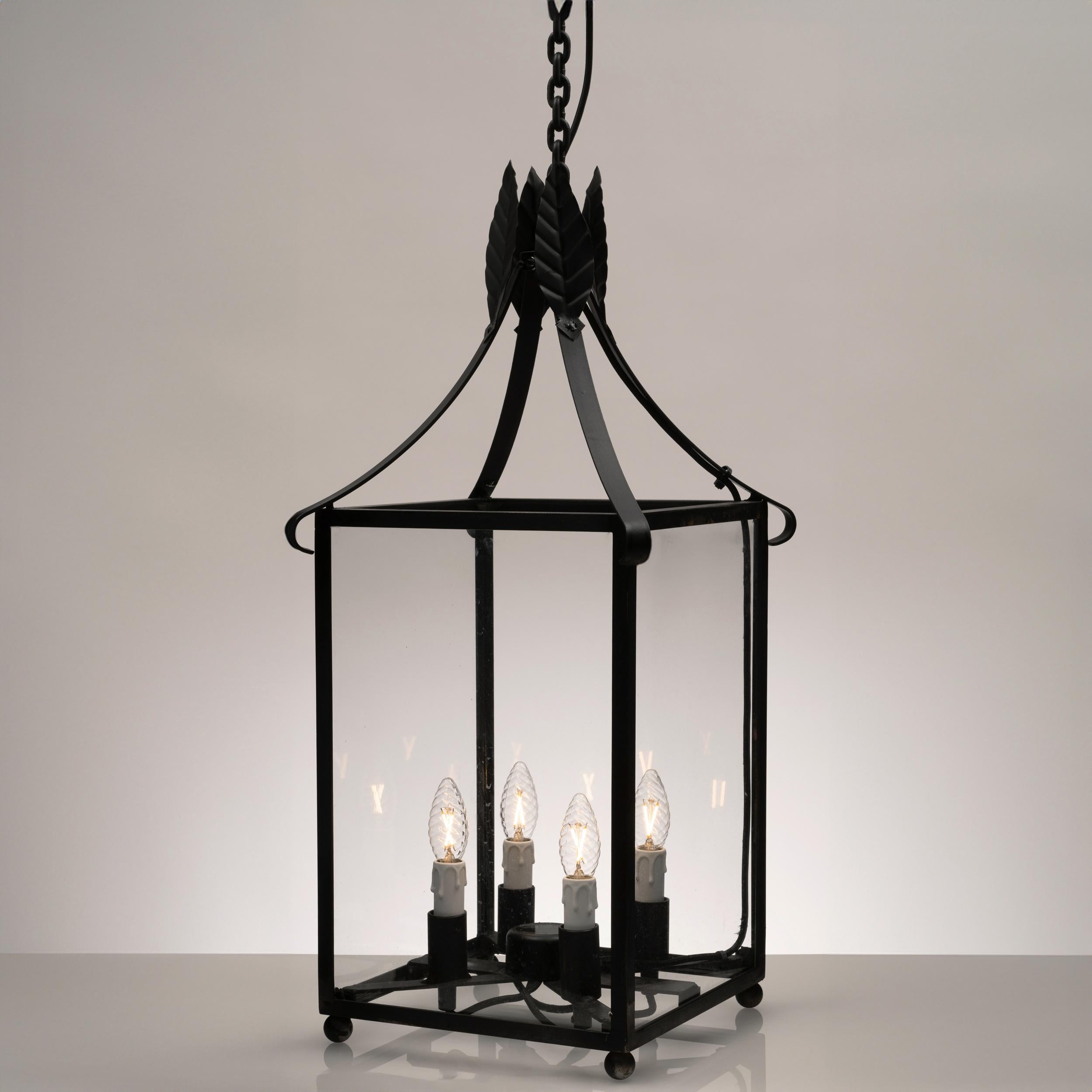 Hanging lantern, contemporary production with a model based on an original design from 18th century in Svaneholms castle in Sweden. The lantern is hand manufactured in Sweden. Made from iron and glass.