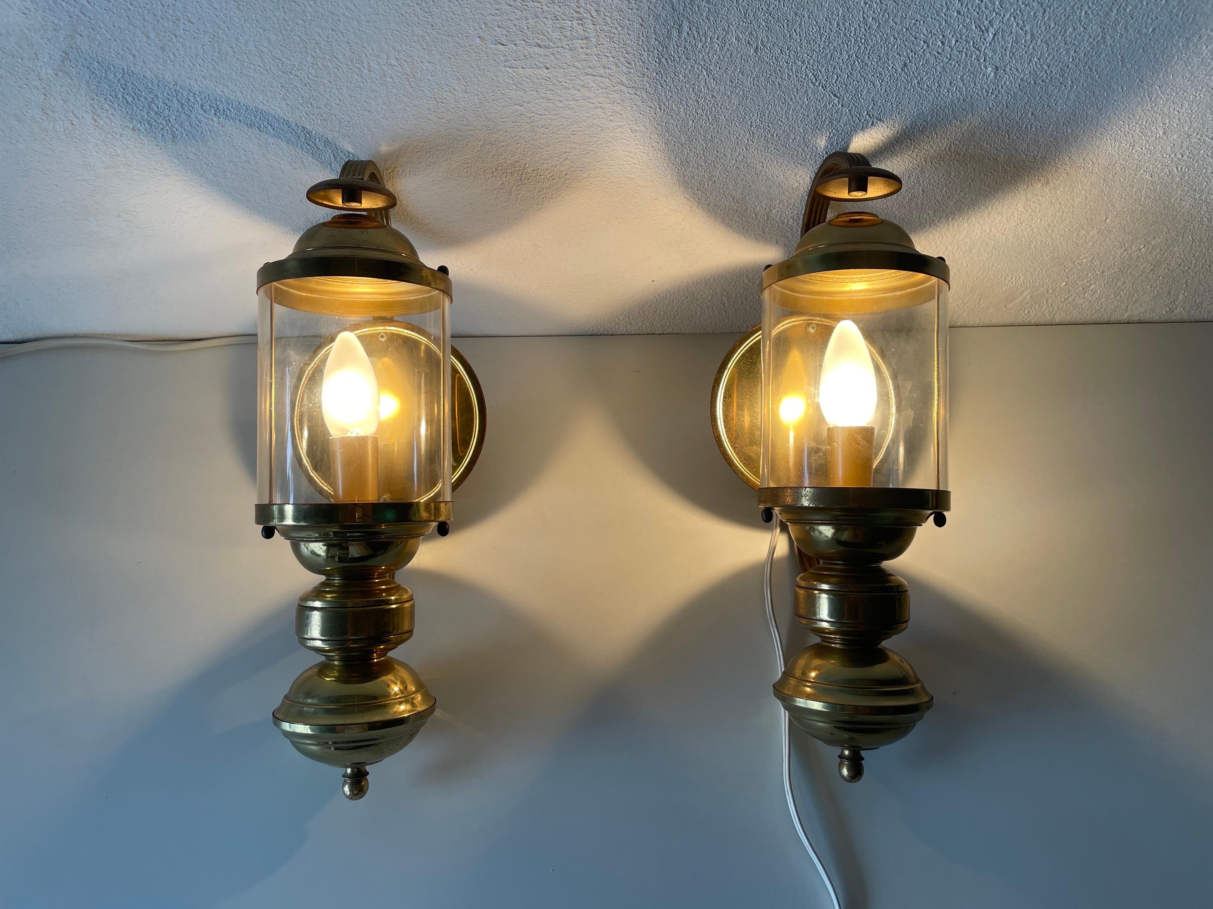 Lantern Design Brass and Glass Pair of Sconces, 1970s, Germany For Sale 7