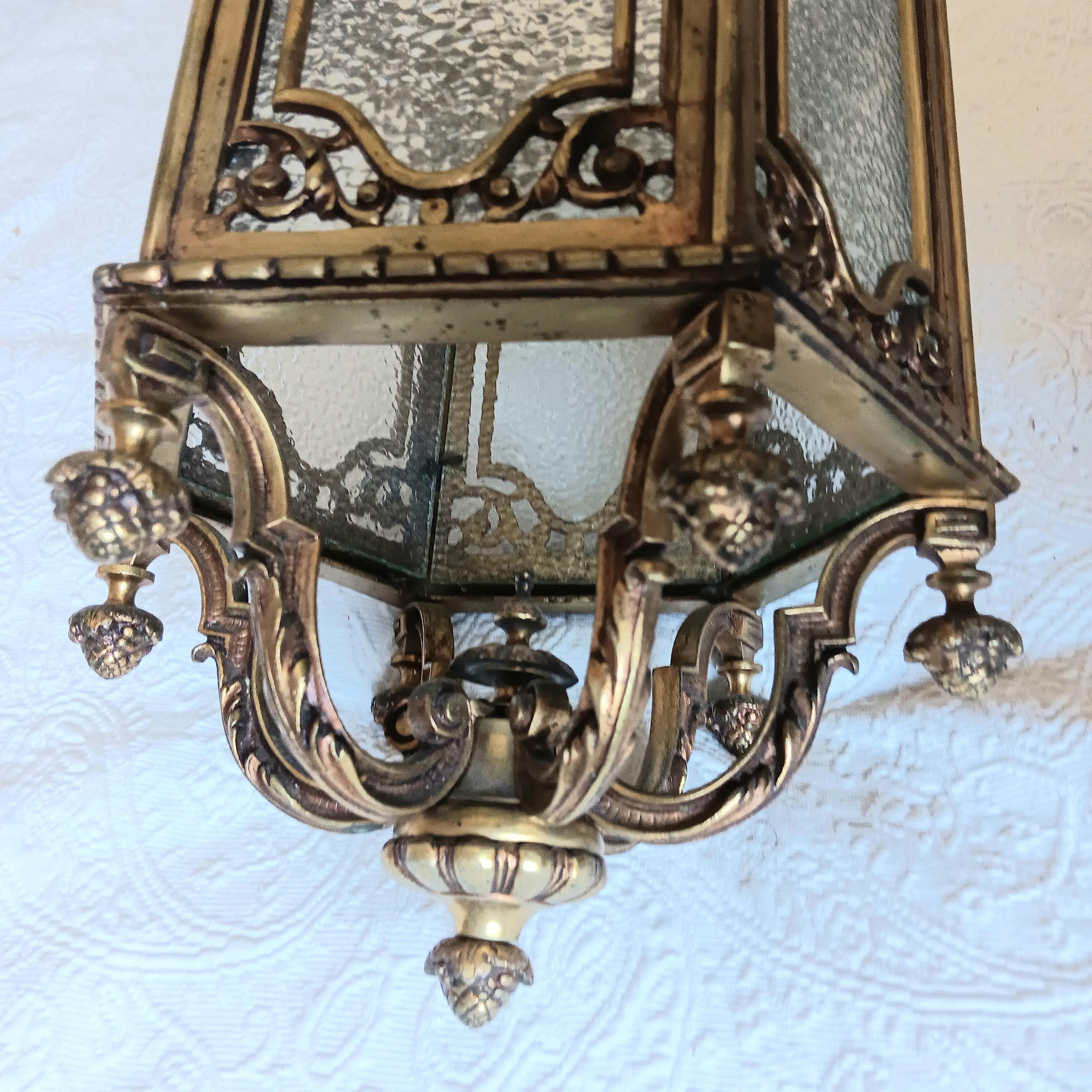 Lantern Elegant Bronze  and Glass Hexagonal Early 20th Century, France For Sale 4