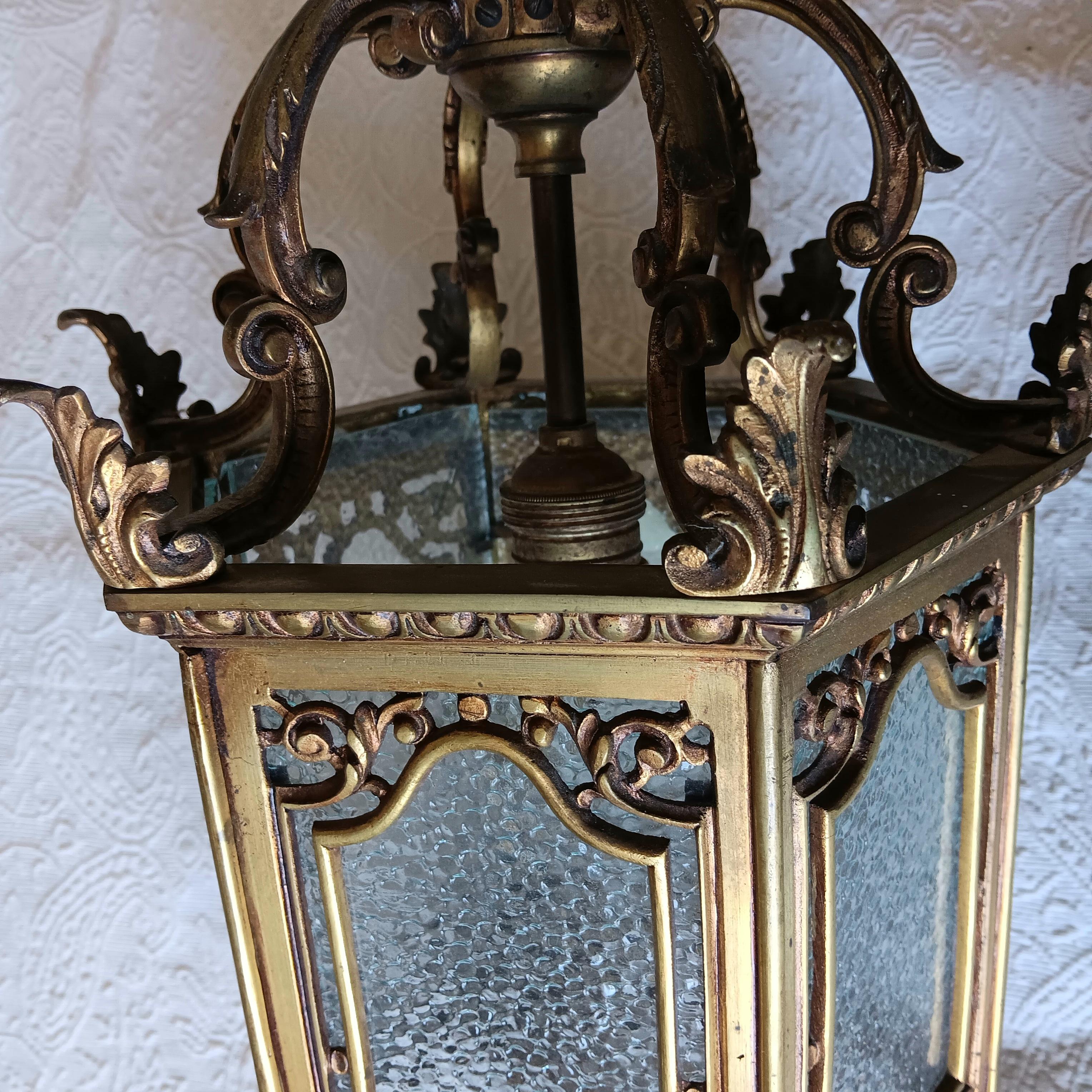 Lantern Elegant Bronze  and Glass Hexagonal Early 20th Century, France For Sale 5