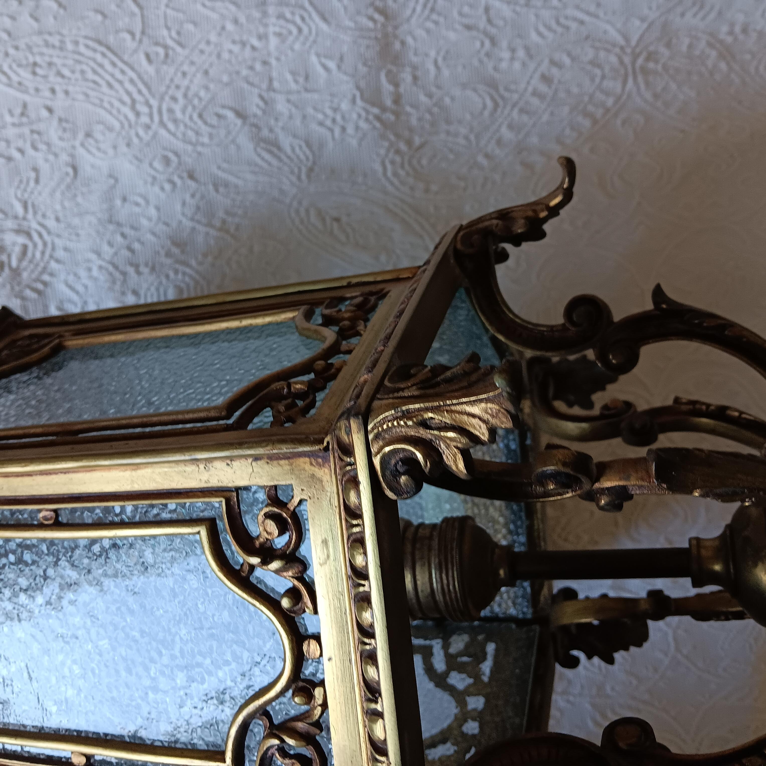 Lantern Elegant Bronze  and Glass Hexagonal Early 20th Century, France For Sale 7