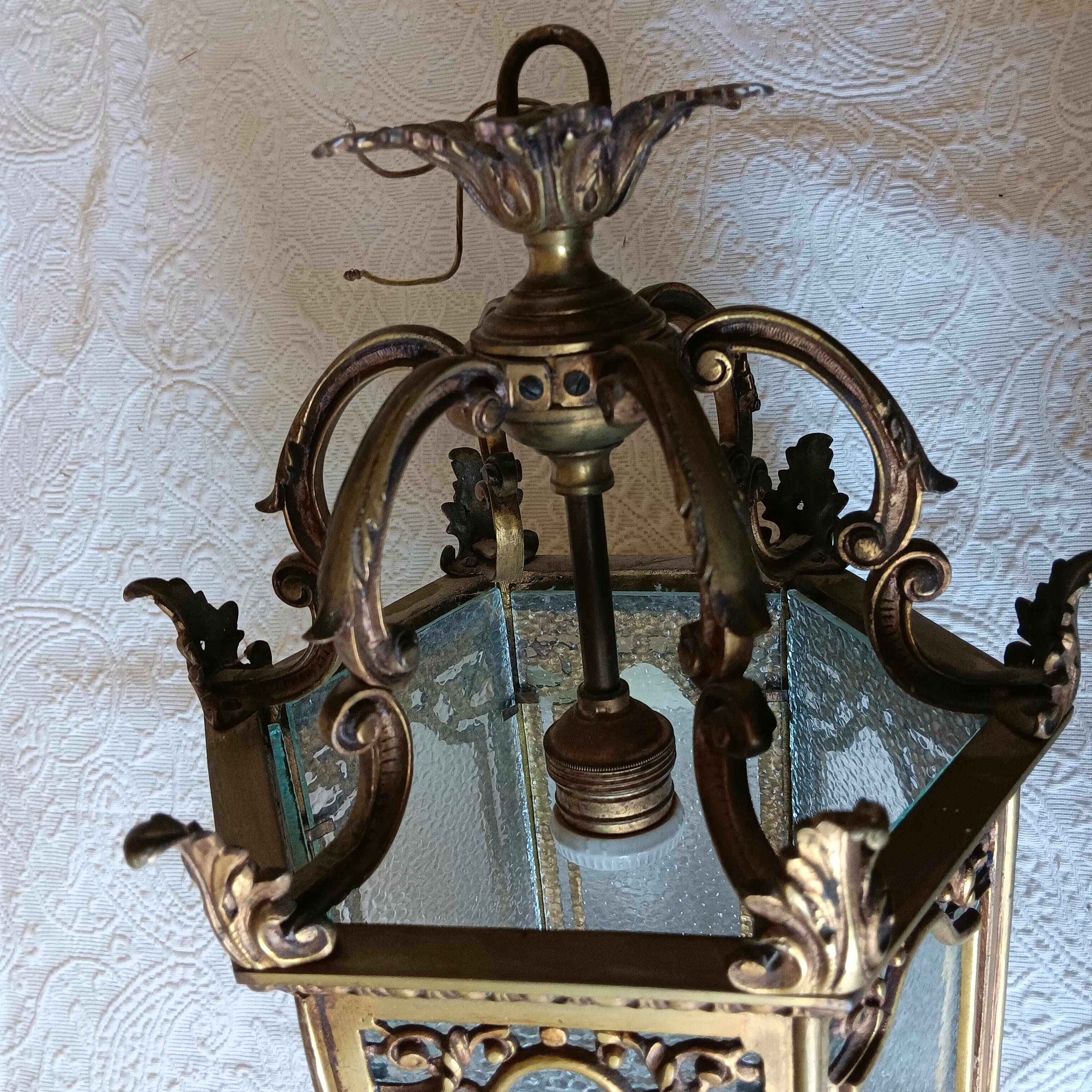 Lantern Elegant Bronze  and Glass Hexagonal Early 20th Century, France For Sale 8
