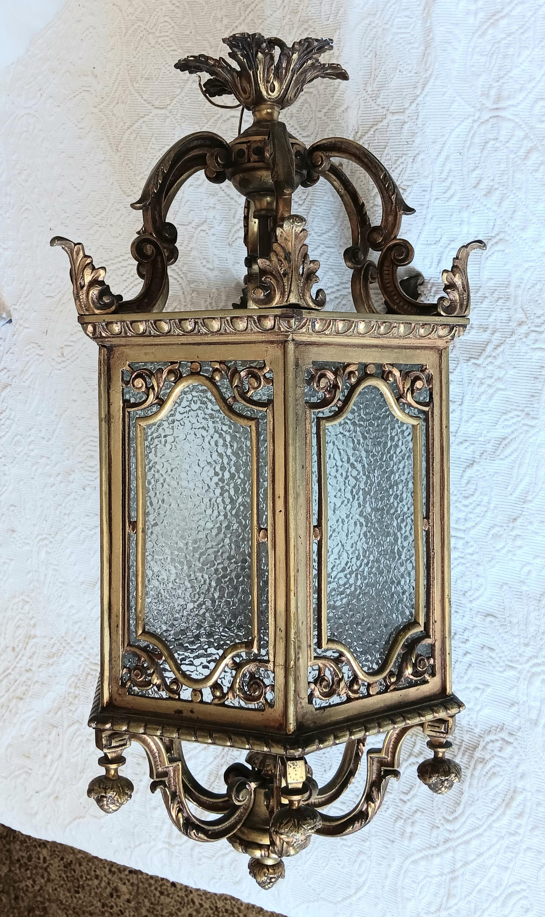 Lantern Elegant Bronze  and Glass Hexagonal Early 20th Century, France For Sale 11