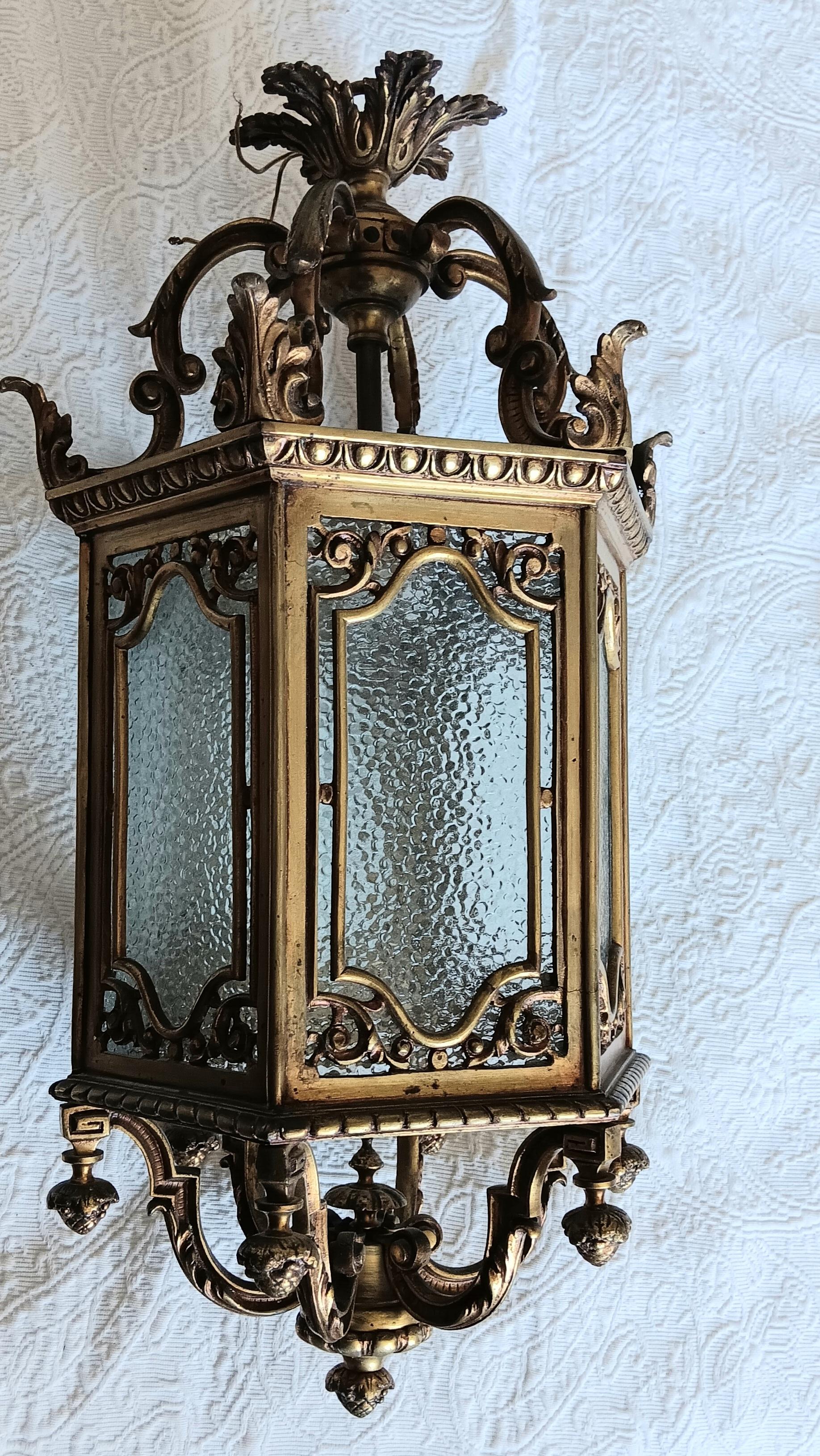 Lantern Elegant Bronze  and Glass Hexagonal Early 20th Century, France For Sale 12