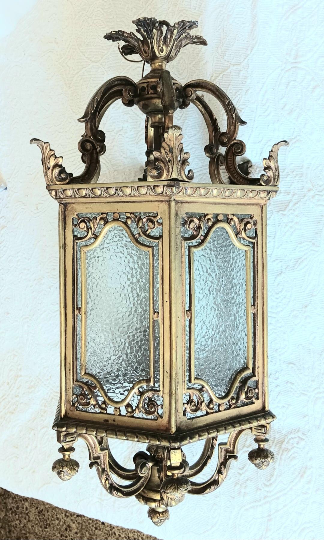 Lantern Elegant Bronze  and Glass Hexagonal Early 20th Century, France For Sale 14