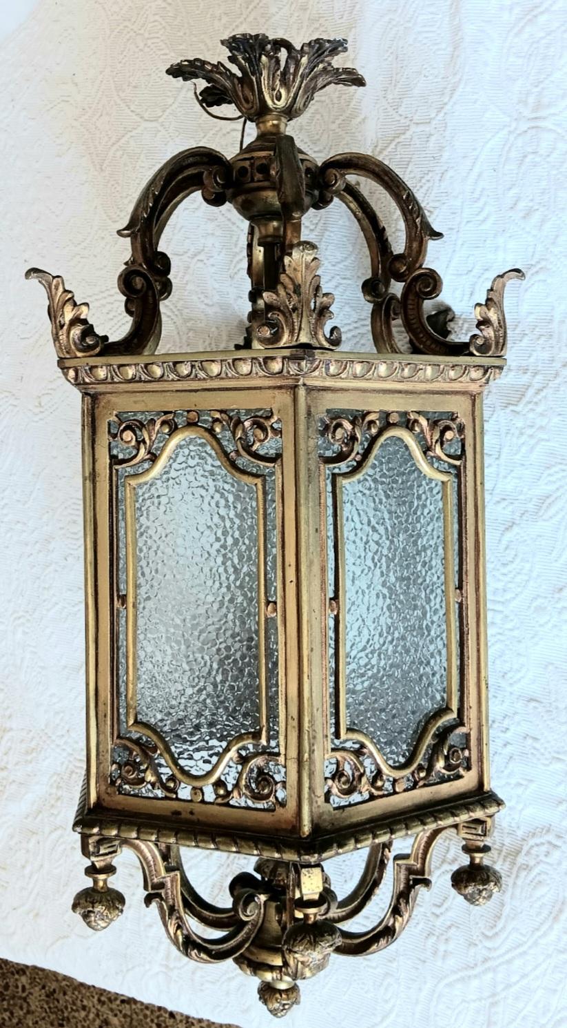 Lantern Elegant Bronze  and Glass Hexagonal Early 20th Century, France For Sale 15