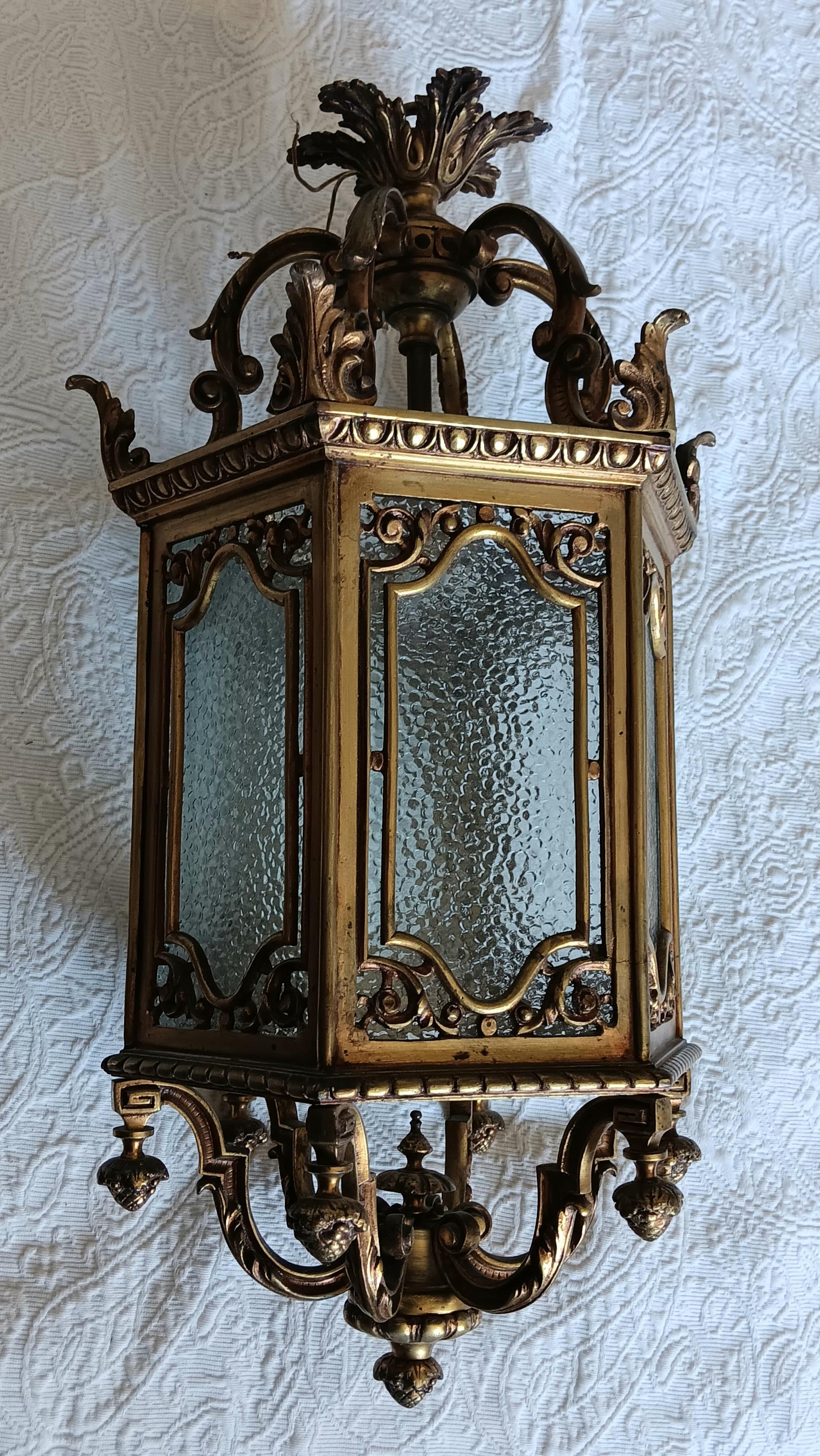 French Lantern Elegant Bronze  and Glass Hexagonal Early 20th Century, France For Sale