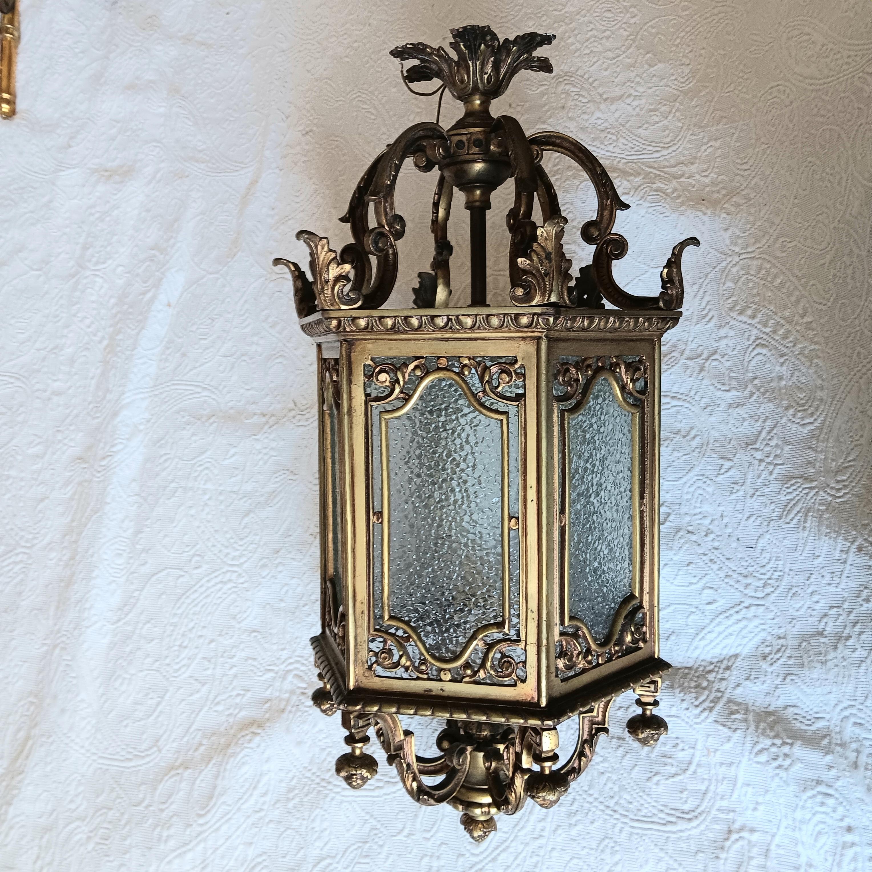 Lantern Elegant Bronze  and Glass Hexagonal Early 20th Century, France For Sale 1