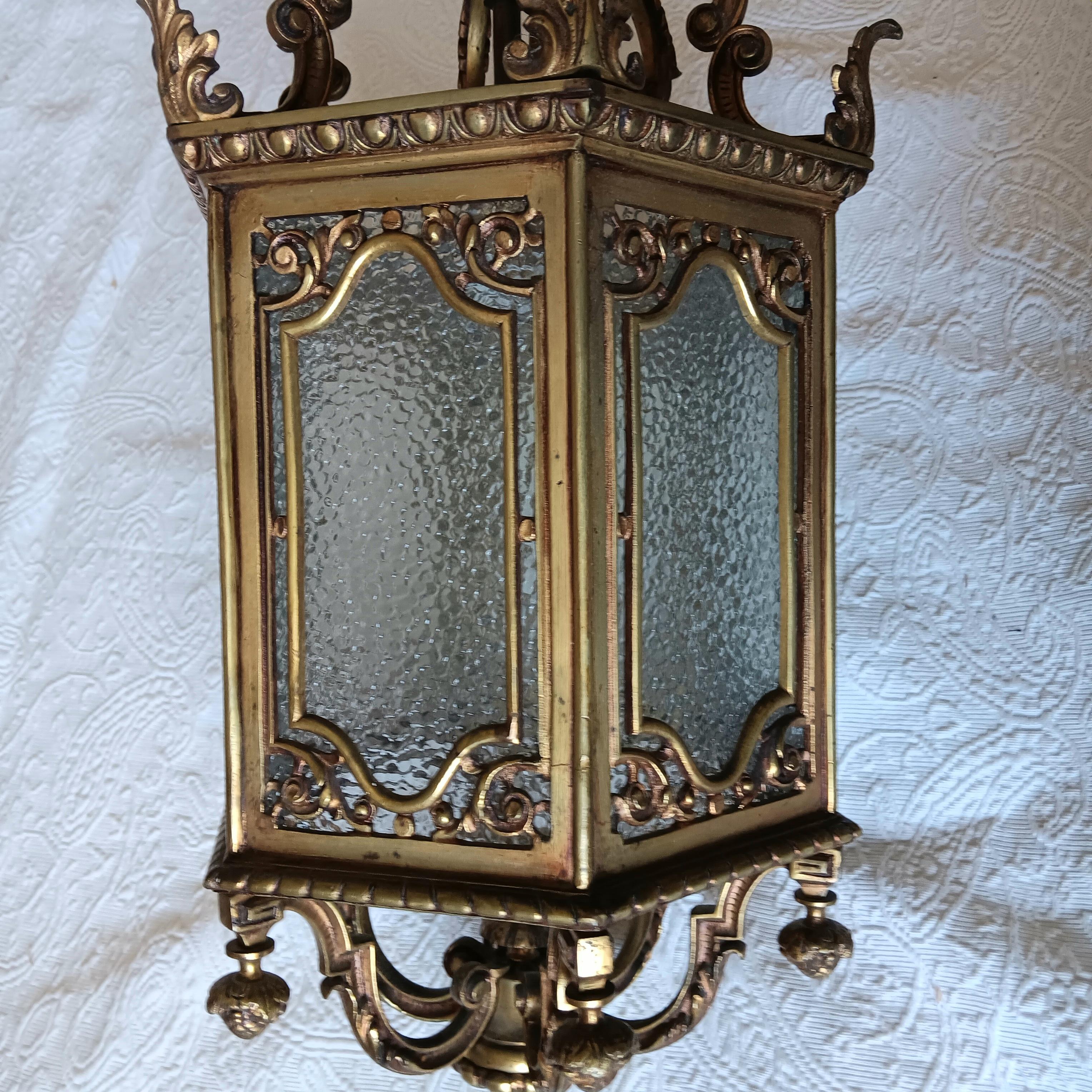 Lantern Elegant Bronze  and Glass Hexagonal Early 20th Century, France For Sale 2