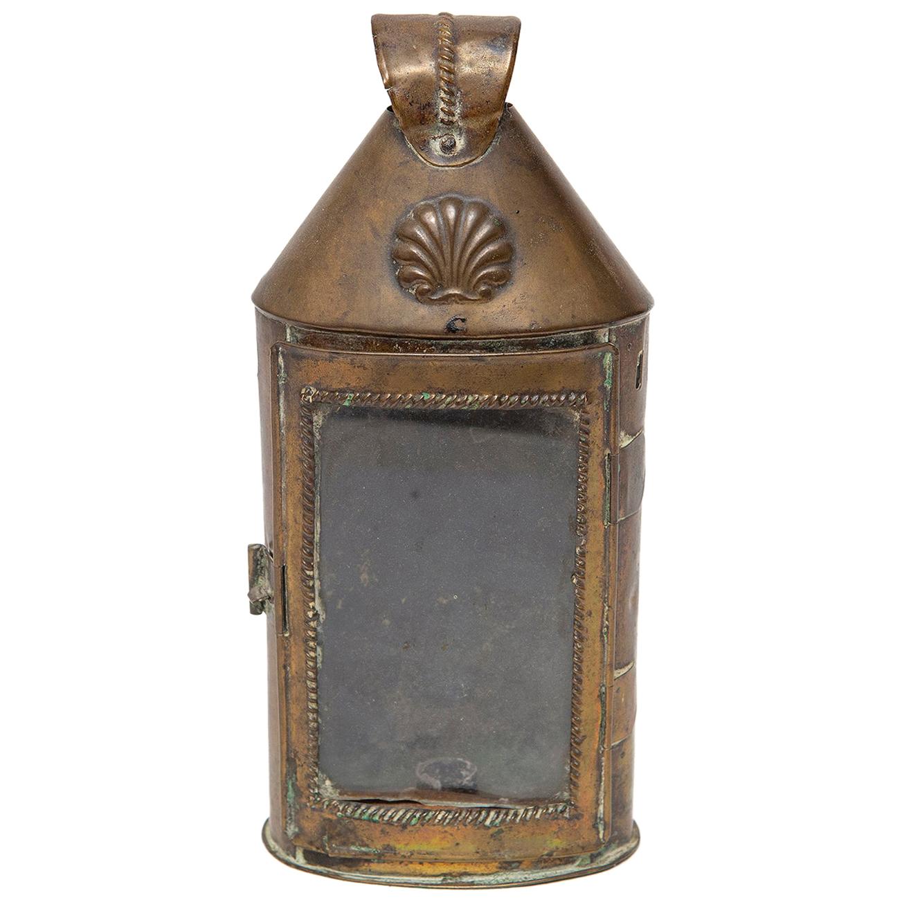 Lantern Handheld Portable Carrying Brass Repousse Georgian Glazed Candle For Sale