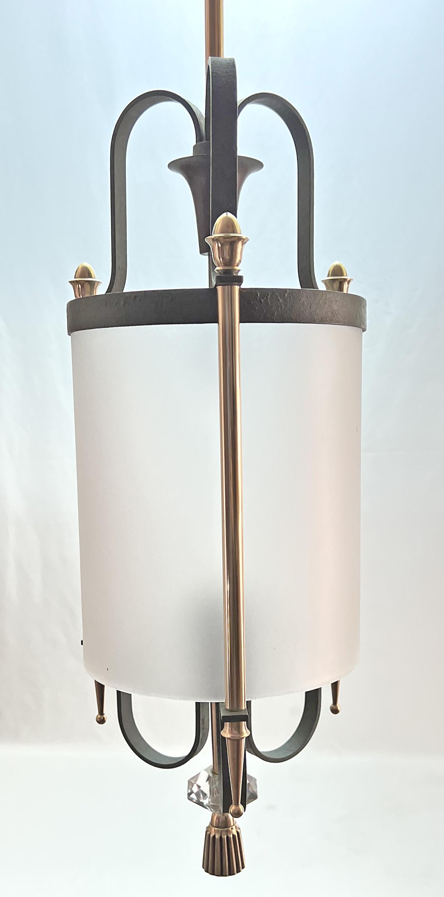 Lantern Hanging Light in Wrought Iron and Bronze, 1940s For Sale 6