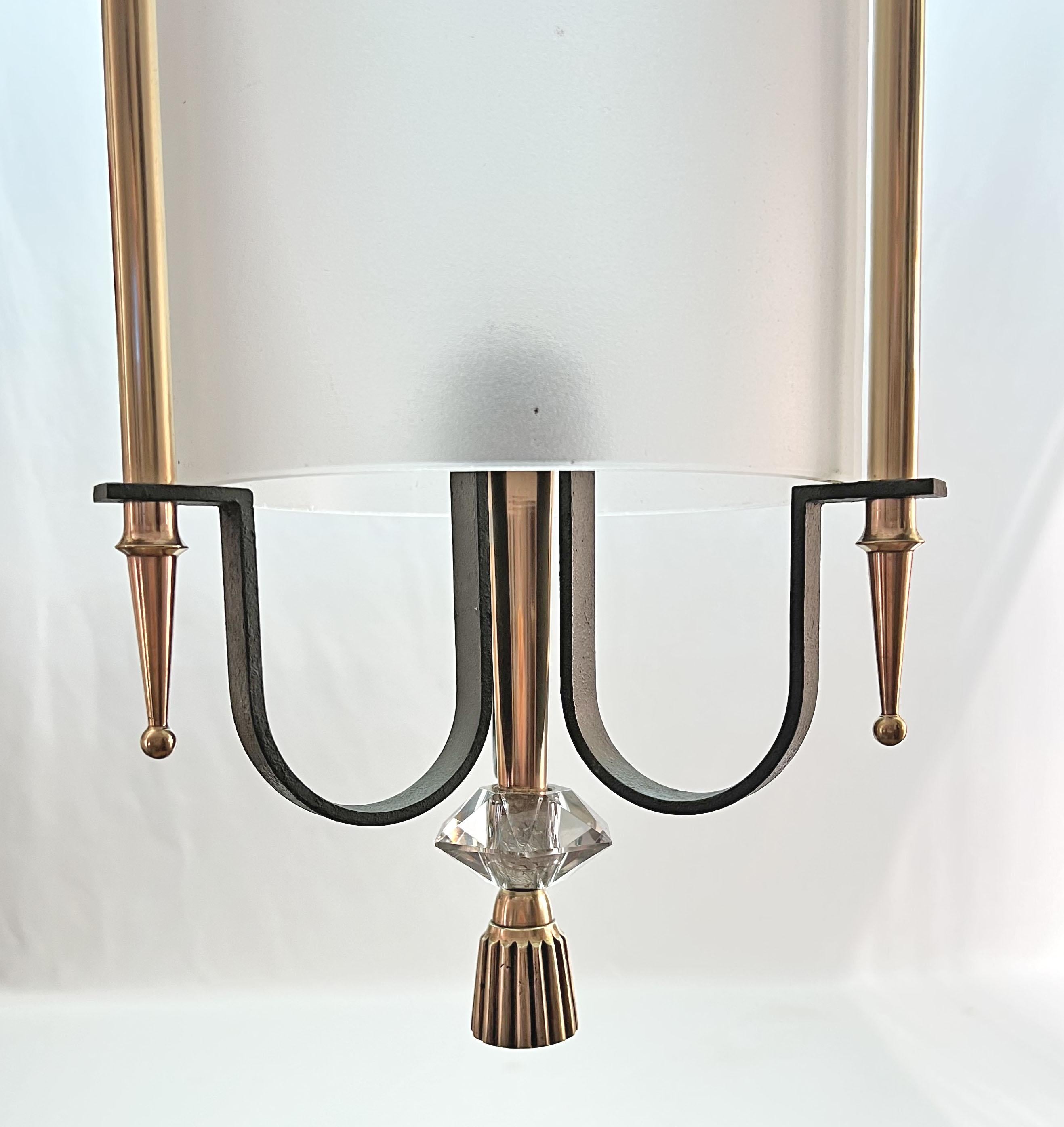 Art Deco Lantern Hanging Light in Wrought Iron and Bronze, 1940s For Sale