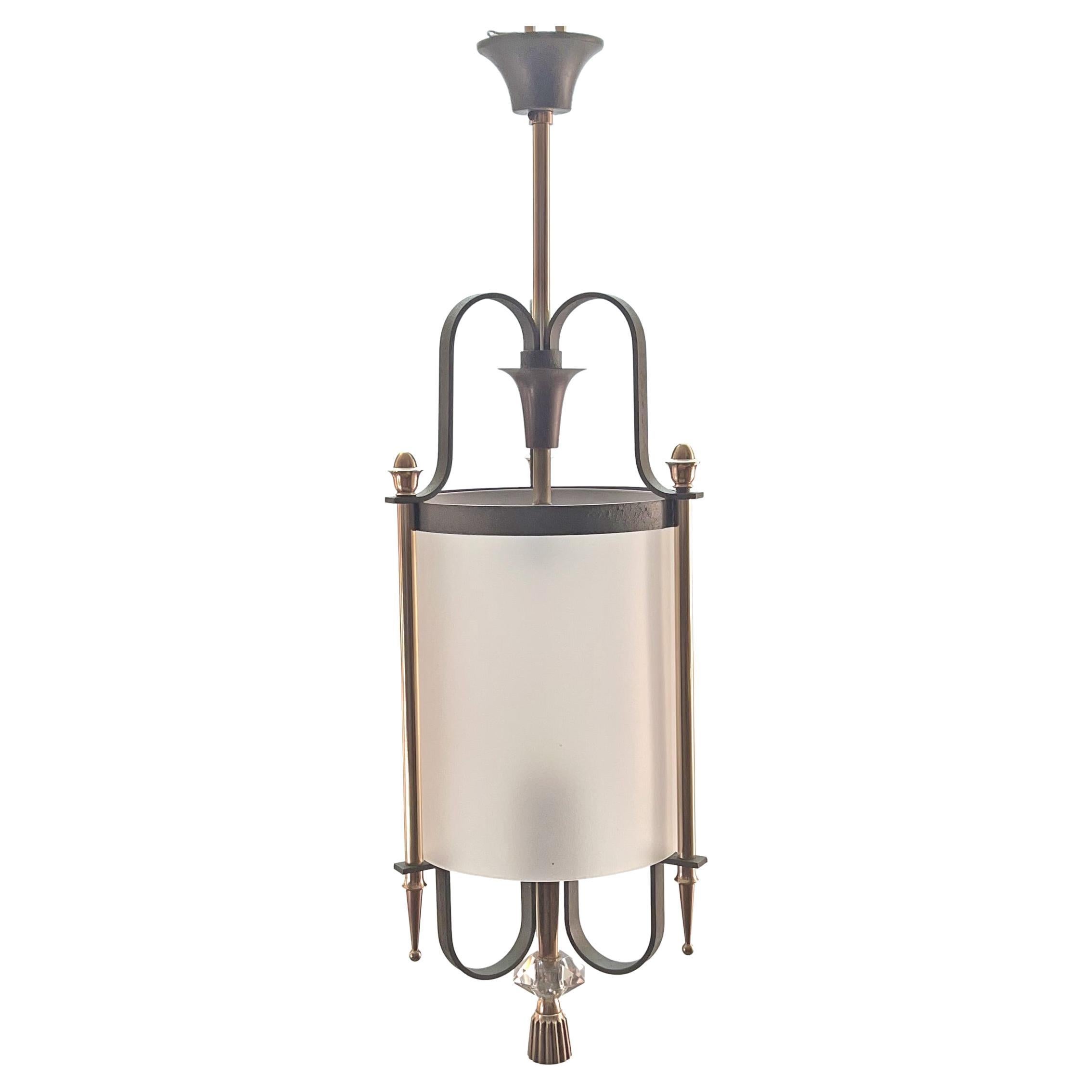 Lantern Hanging Light in Wrought Iron and Bronze, 1940s For Sale