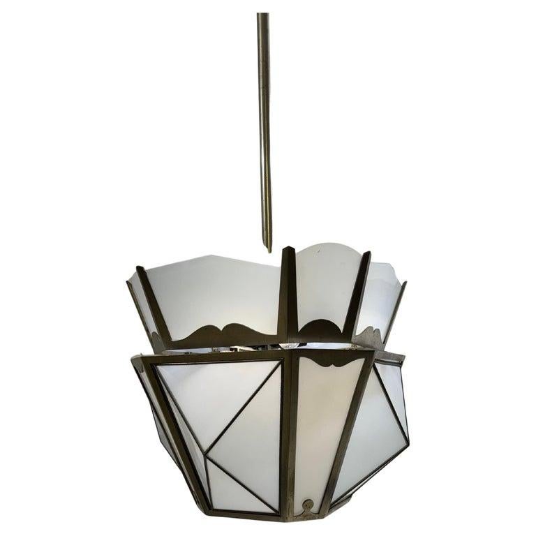 Art Deco Lantern in Nickel-plated Steel and Opaline glass, 1930 For Sale