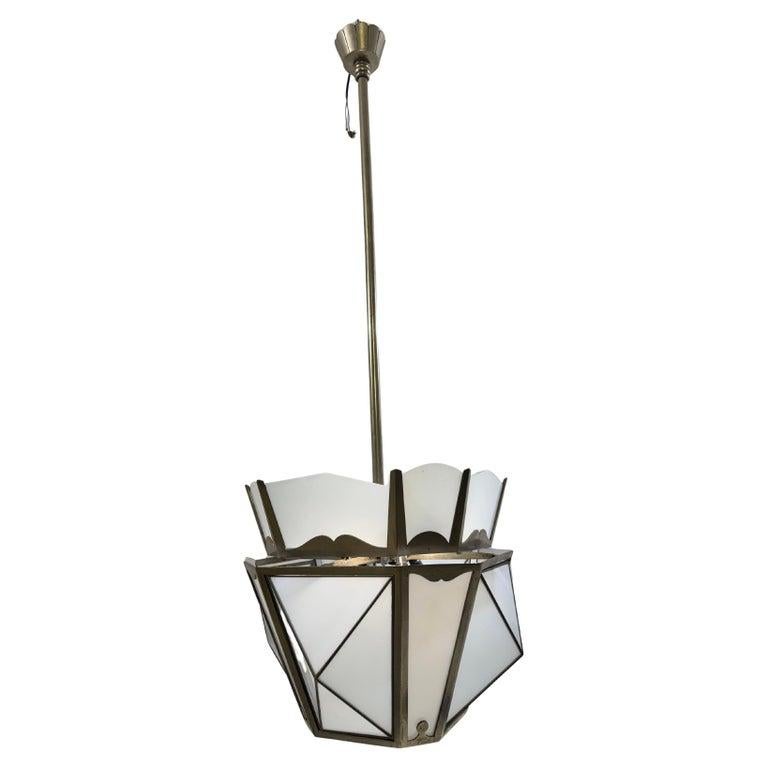 French Lantern in Nickel-plated Steel and Opaline glass, 1930 For Sale