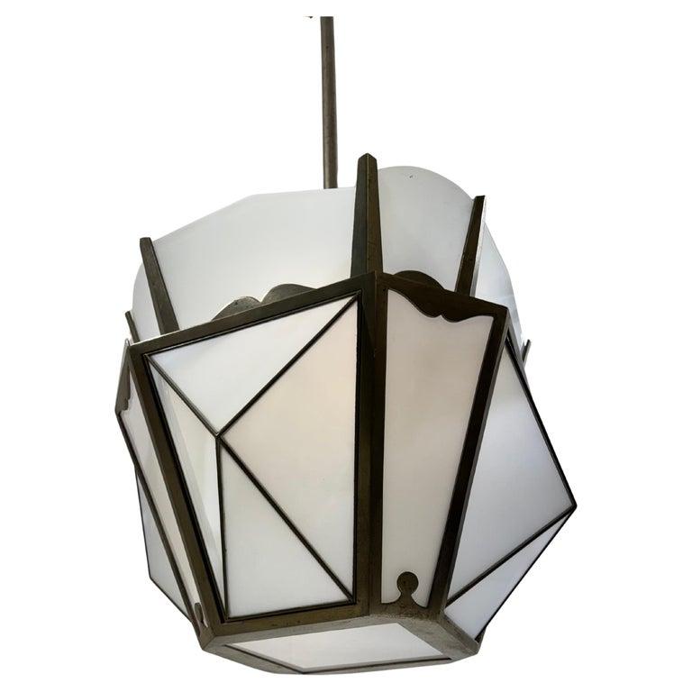 Lantern in Nickel-plated Steel and Opaline glass, 1930 In Good Condition For Sale In Brussels, BE