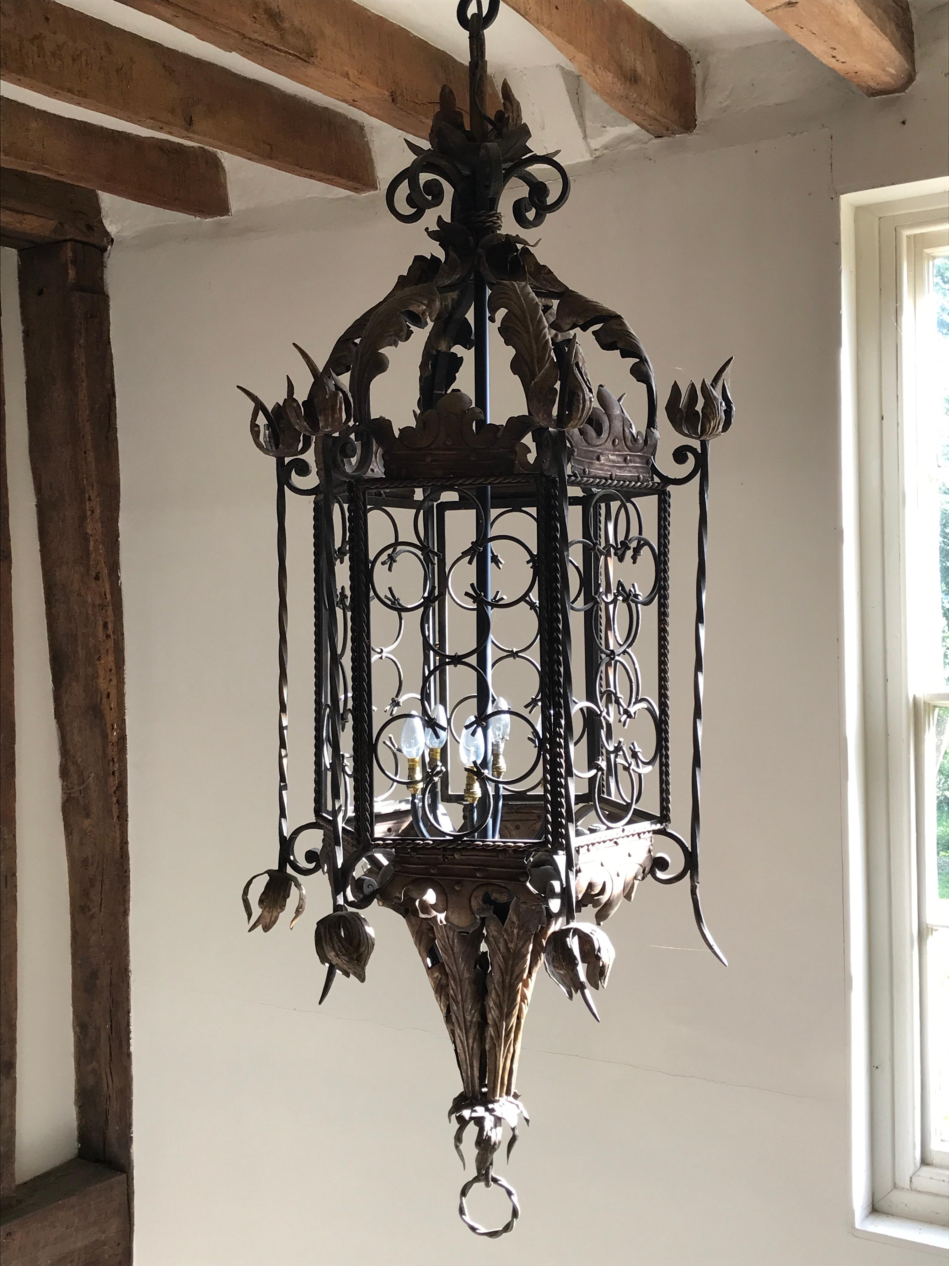 Exceptional and massive, 18th century, Spanish iron and brass, octagonal lantern. 
Spanish metalwork is renowned for its quality and this magnificent lantern made for a nobleman exudes gravitas

- The six coronets around the top and the bottom