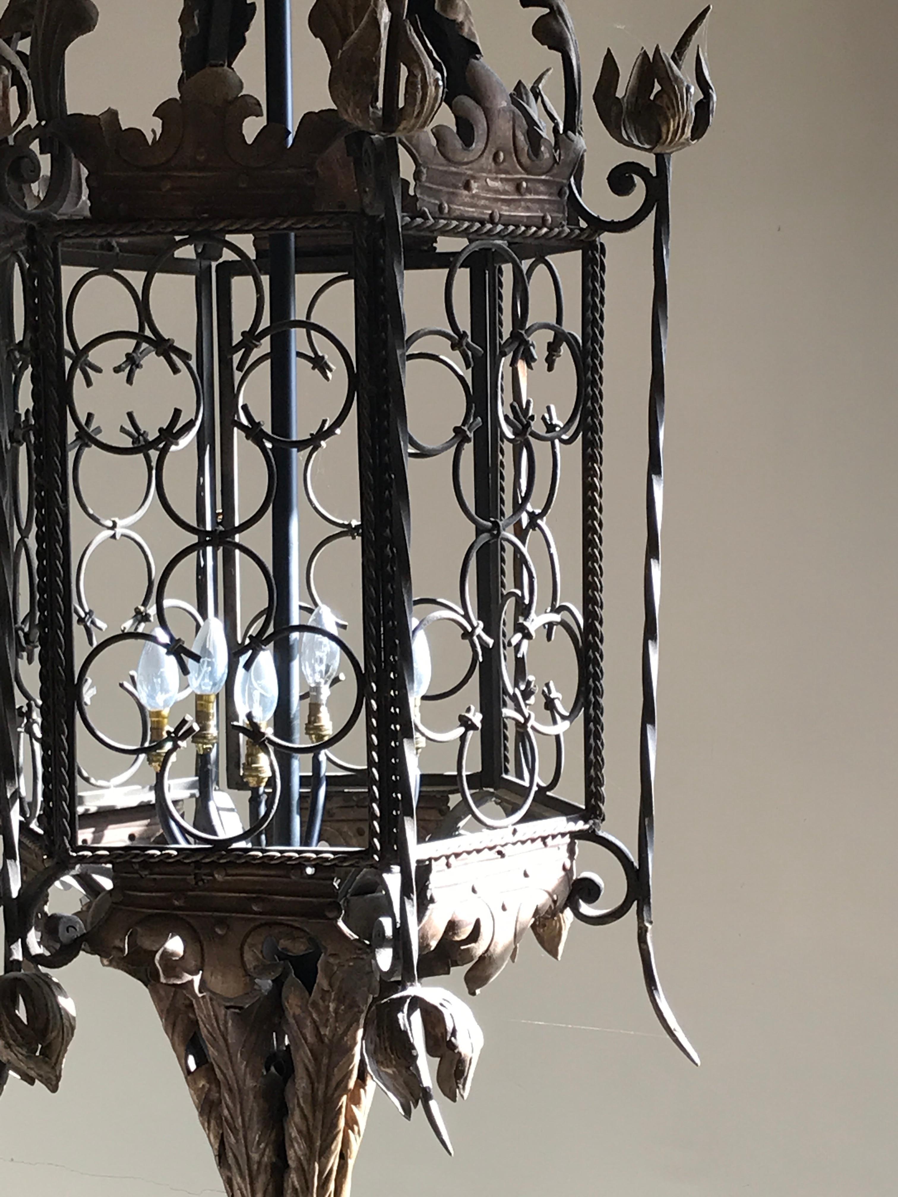 Lantern Iron Brass Spanish 18th Century Octagonal Pierced Coronets 1