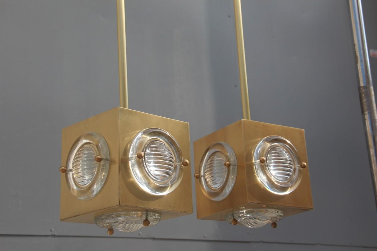 Lantern Modern Ceiling Lamp Satin Brass Glass Lens Night Club Bar Counter Cubic In Excellent Condition For Sale In Palermo, Sicily