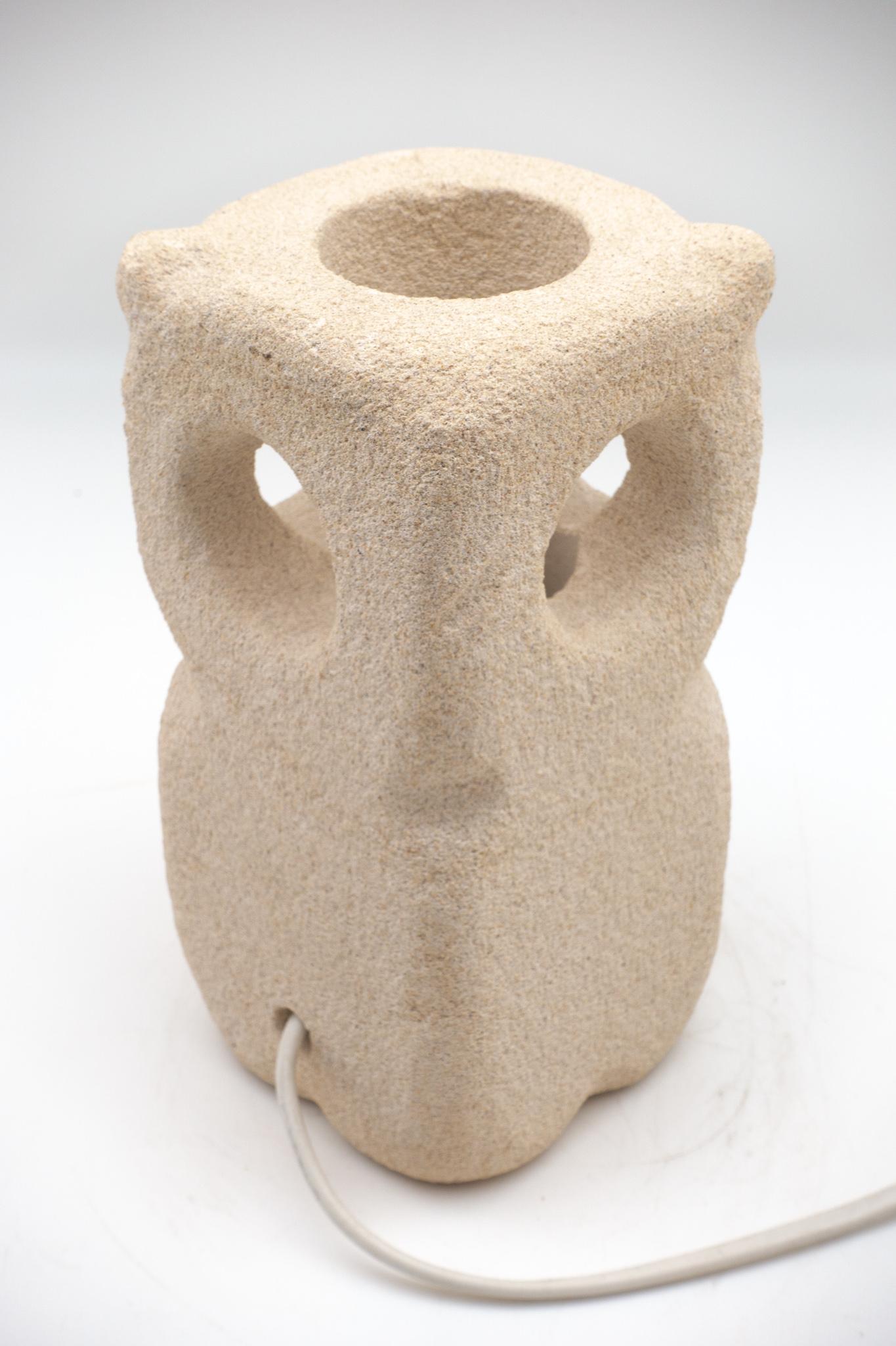 Mid-Century Modern Lantern Owl Lamp Sculpted in Limestone by Albert Tormos, Electrified