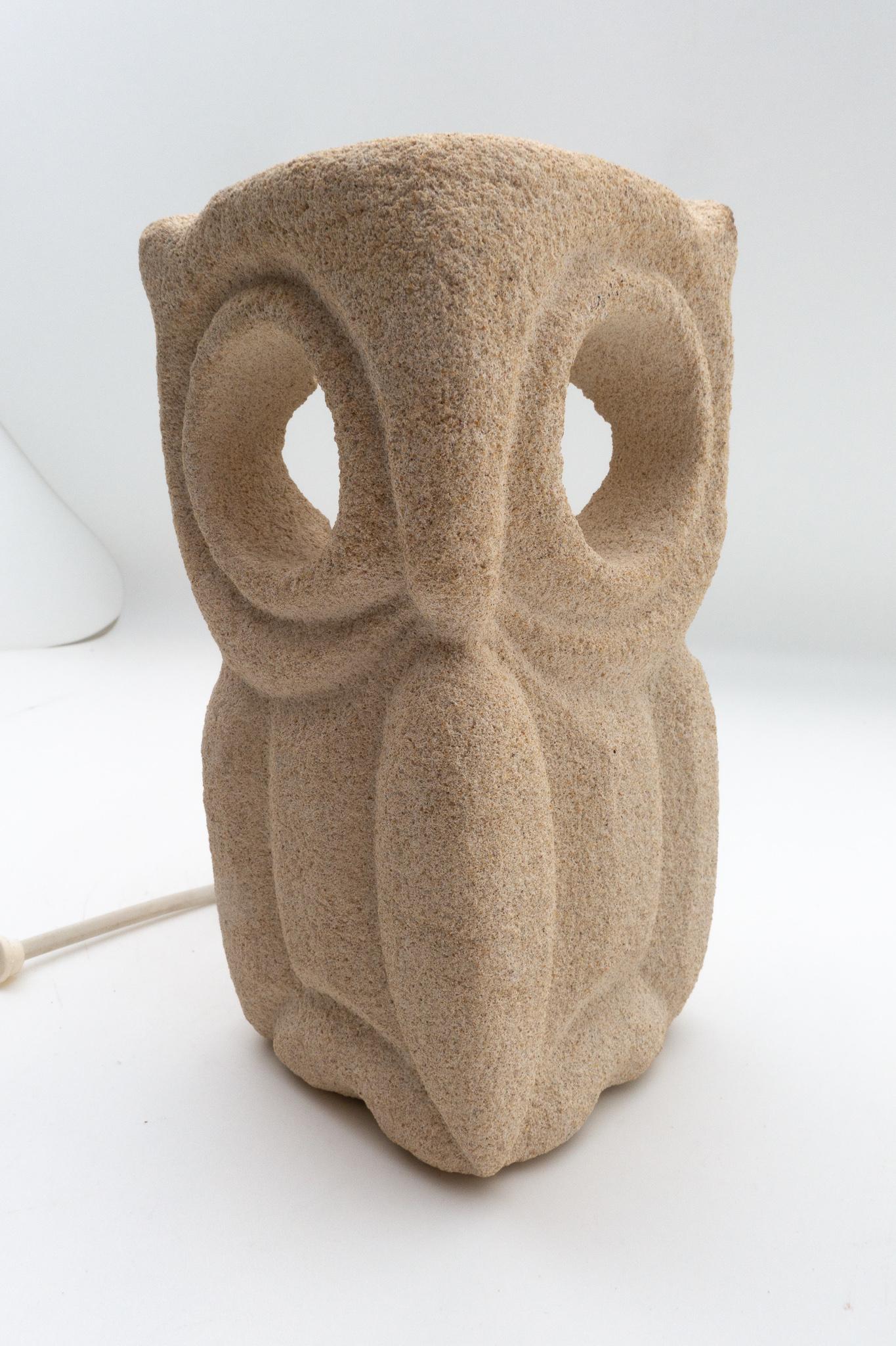 Lantern Owl Lamp Sculpted in Limestone by Albert Tormos, Electrified 1